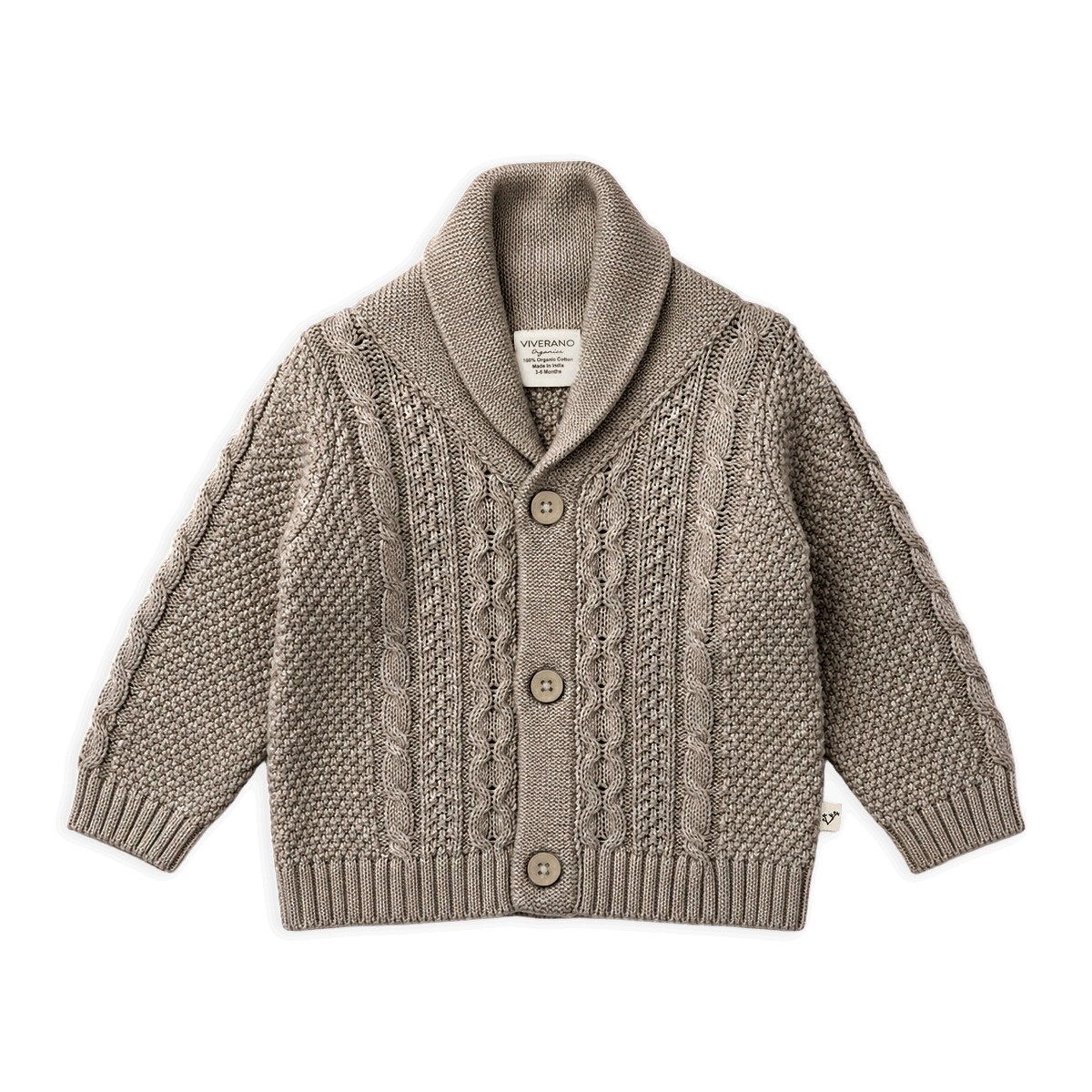 Cocoa Heather Shawl Collar Cable Knit Baby Cardigan Sweater, Organic
