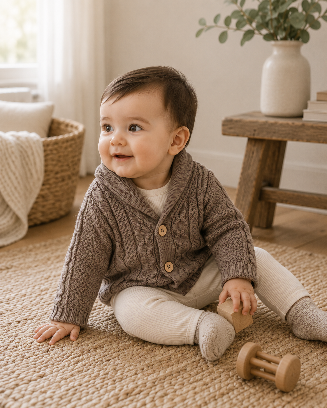 Baby Wearing Shawl Collar Cable Knit Baby Cardigan Sweater, Organic Cotton by Viverano