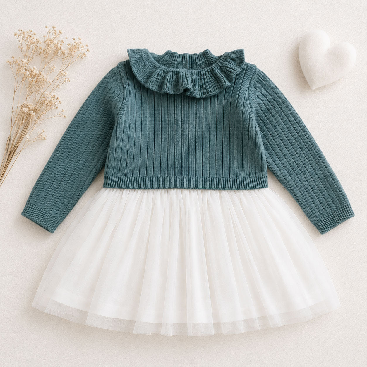 Ruffle Neck Sweater Knit Top & Tutu Baby Dress in Teal Blue