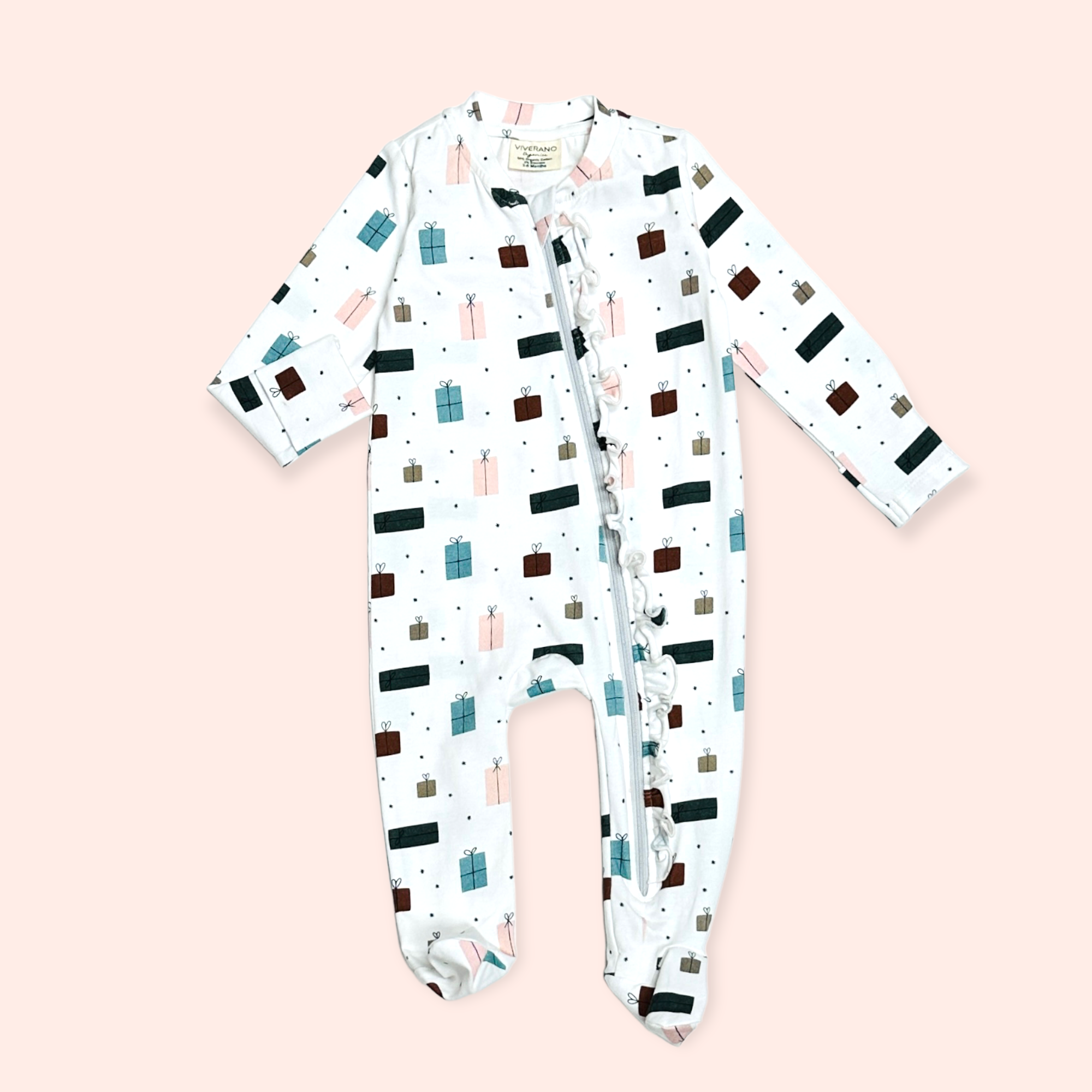 Presents Zipper Footie Romper (Organic Jersey) by Viverano OrganicsPresents Zipper Footie Romper (Organic Jersey) by Viverano Organics