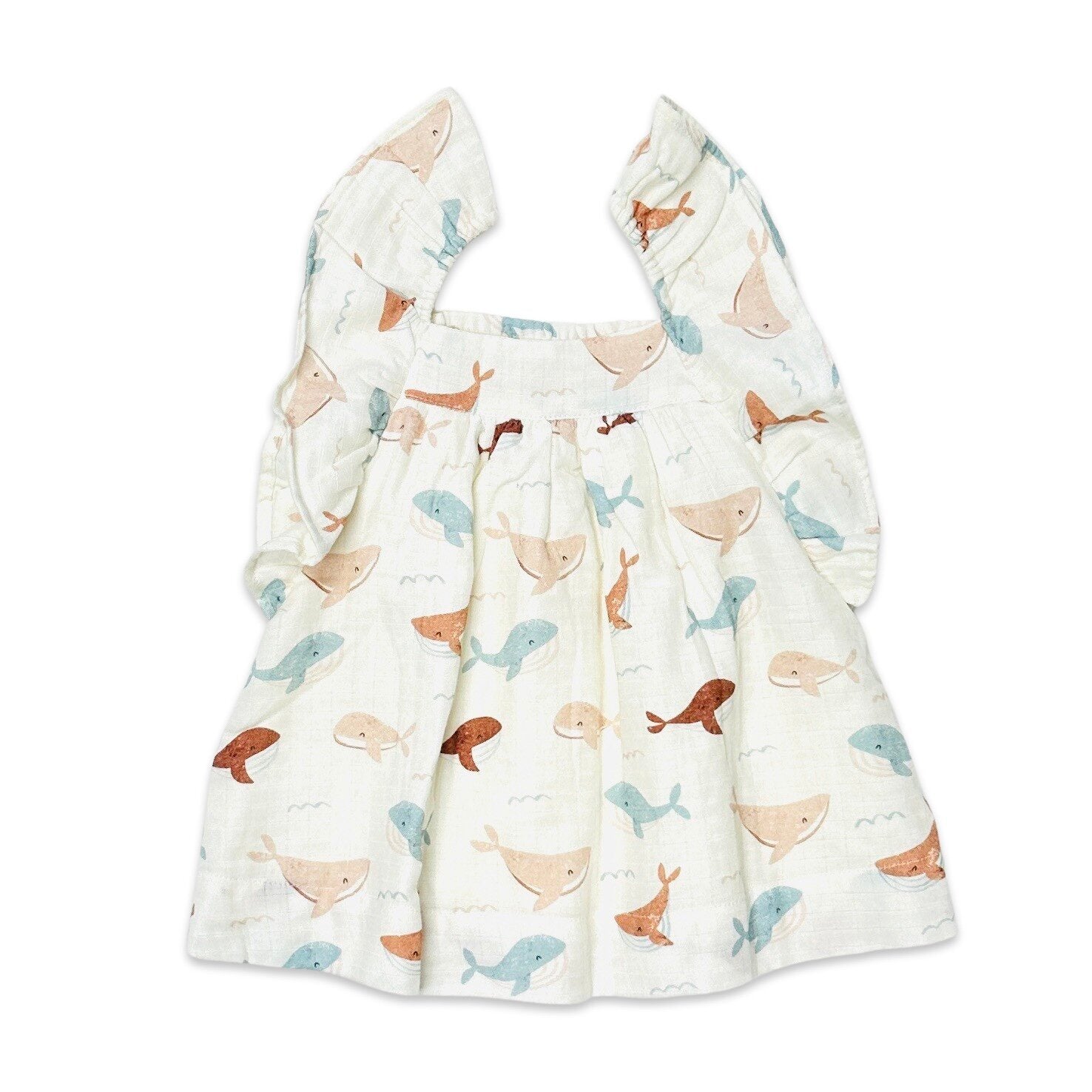 Whales Ruffle & Smocked Baby Dress+Bloomer Set (Organic Muslin)