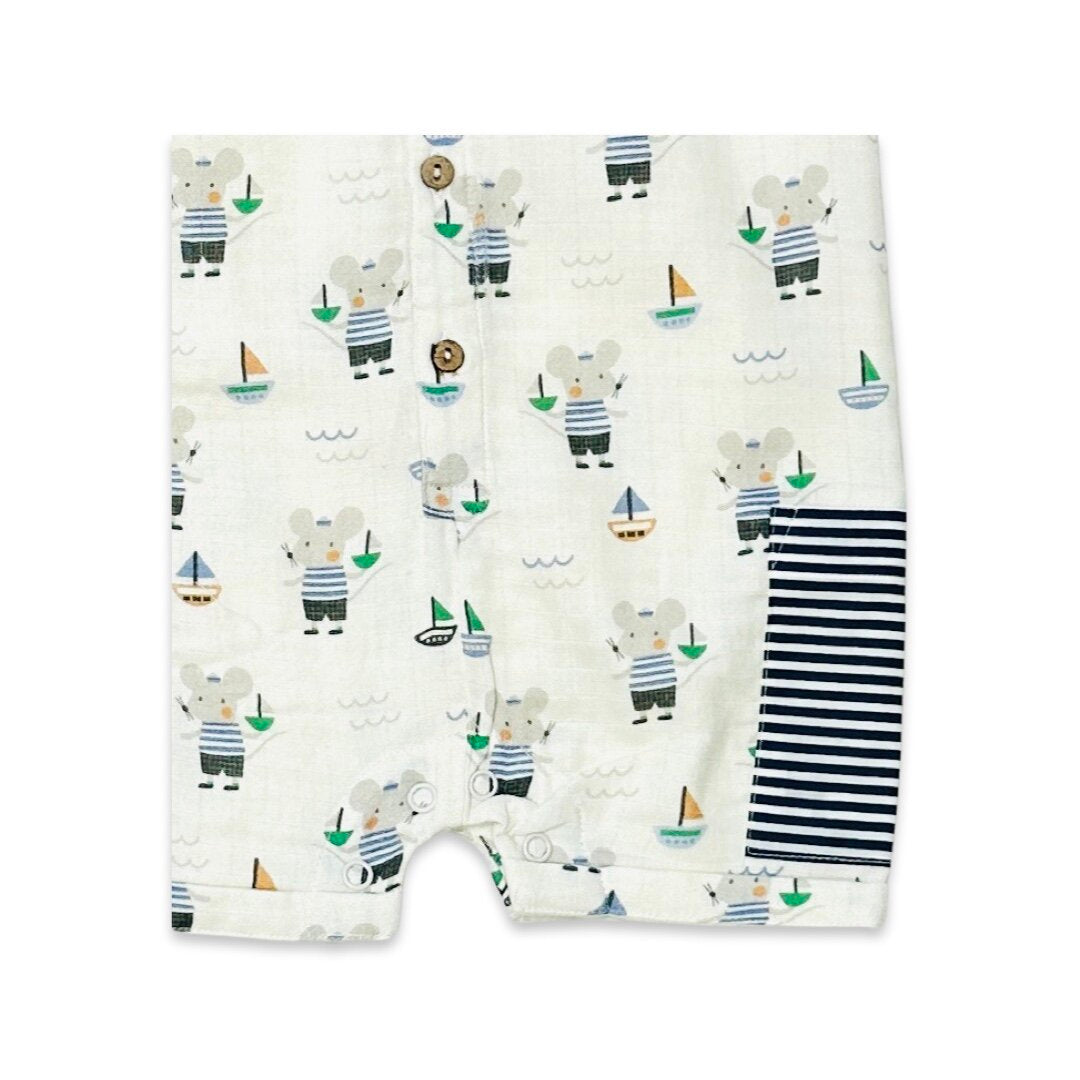 Mouse Sailor Pocket & Button Short Baby Romper (Organic Muslin)