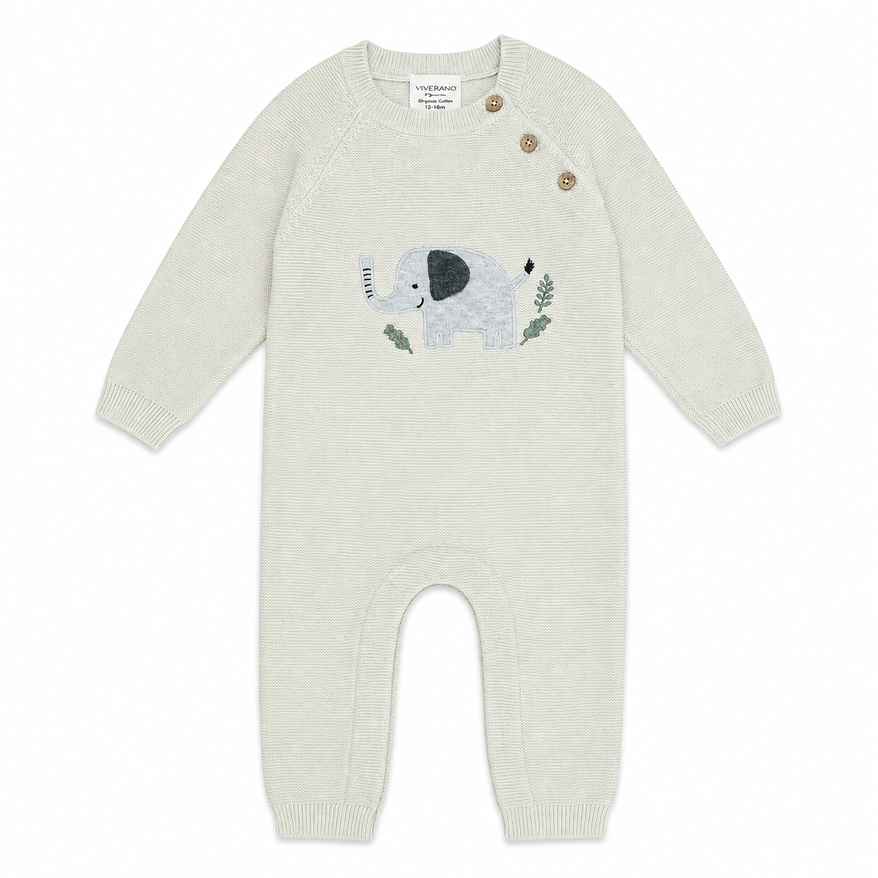front of Elephant Jacquard Baby Sweater Knit Jumpsuit made with organic cotton