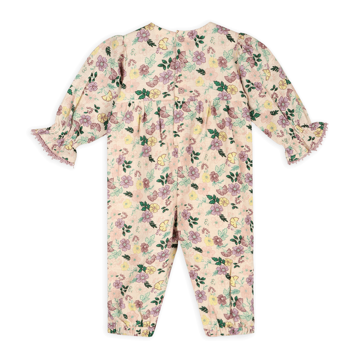 Organic Floral Ruffle and Lace Sleeve Baby Jumpsuit, Back