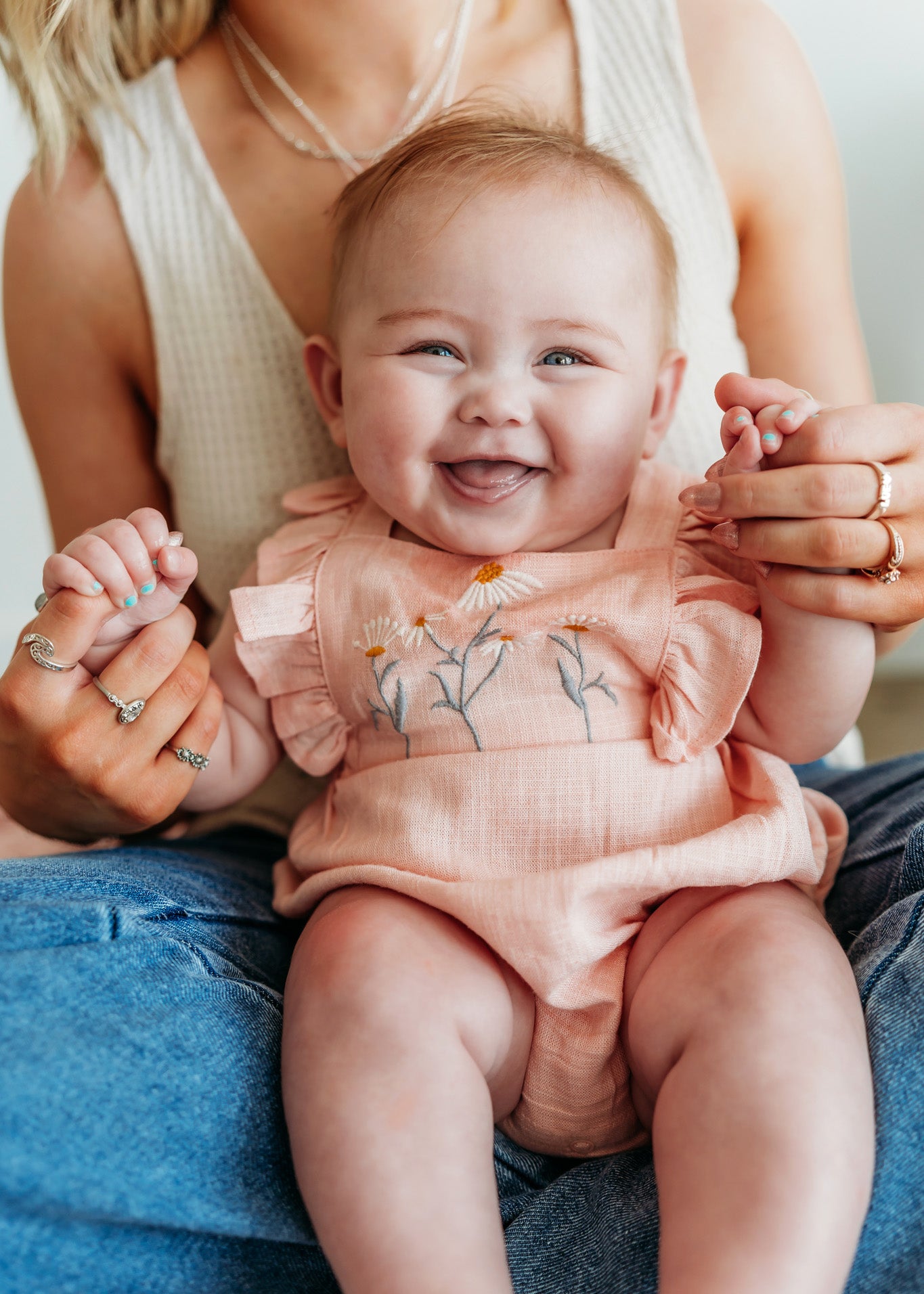 Daisy Linen Blend Embroidered Baby Romper (Natural Linen Blend)