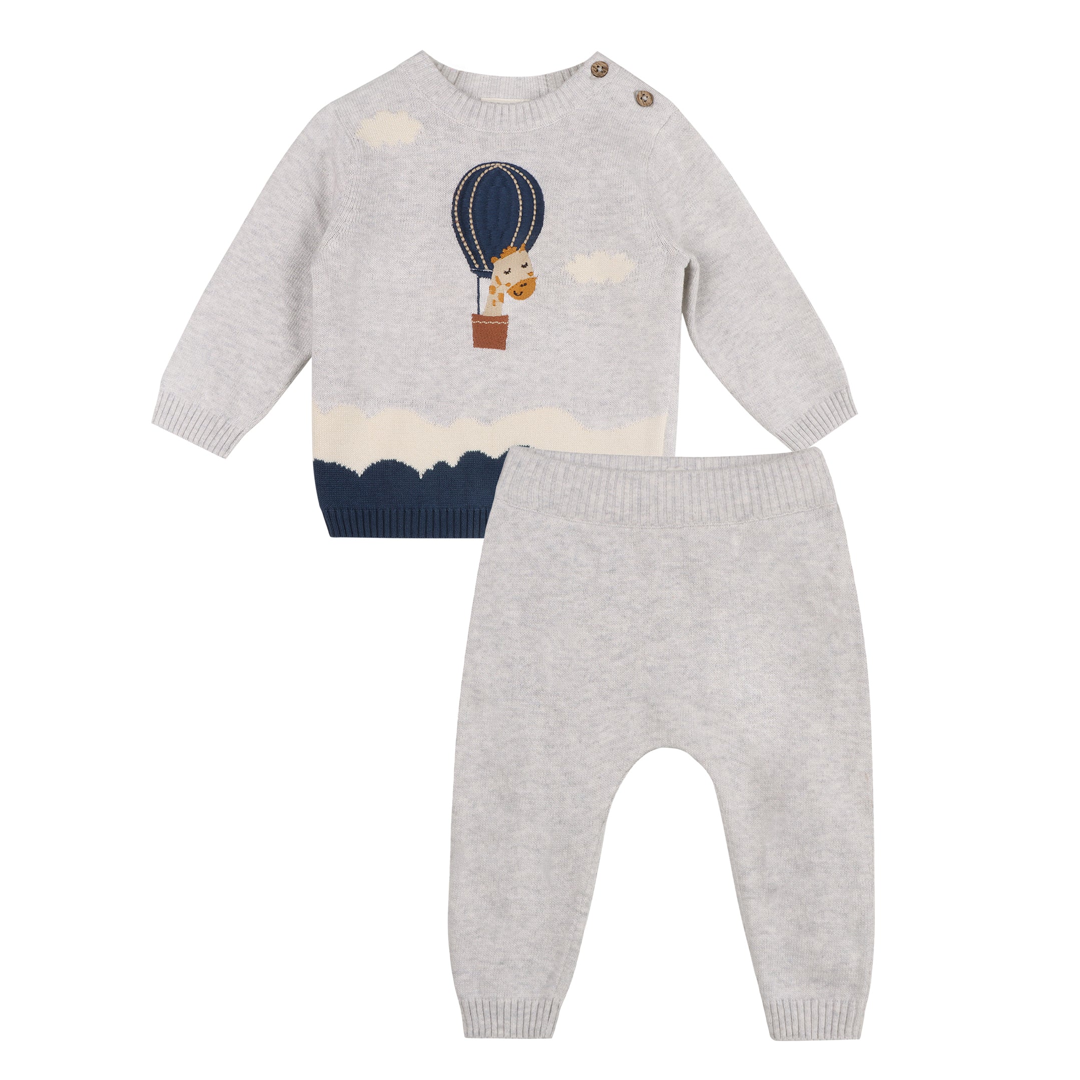 Hot Air Balloon Embroidered Baby Knit Pullover & Pants Set (Organic Cotton)