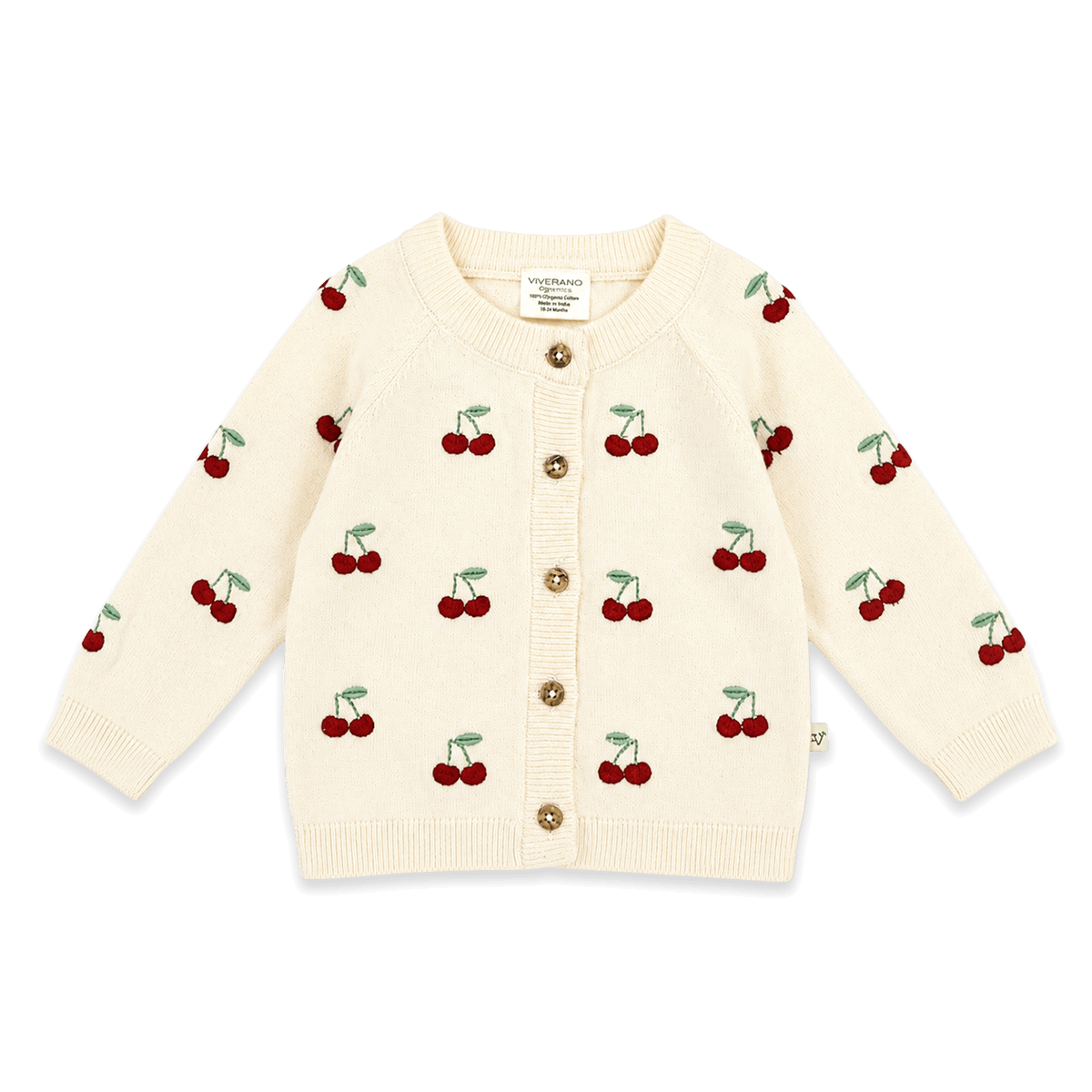 Cherry Embroidered Sweater Knit Baby Cardigan (Organic Cotton) - Front