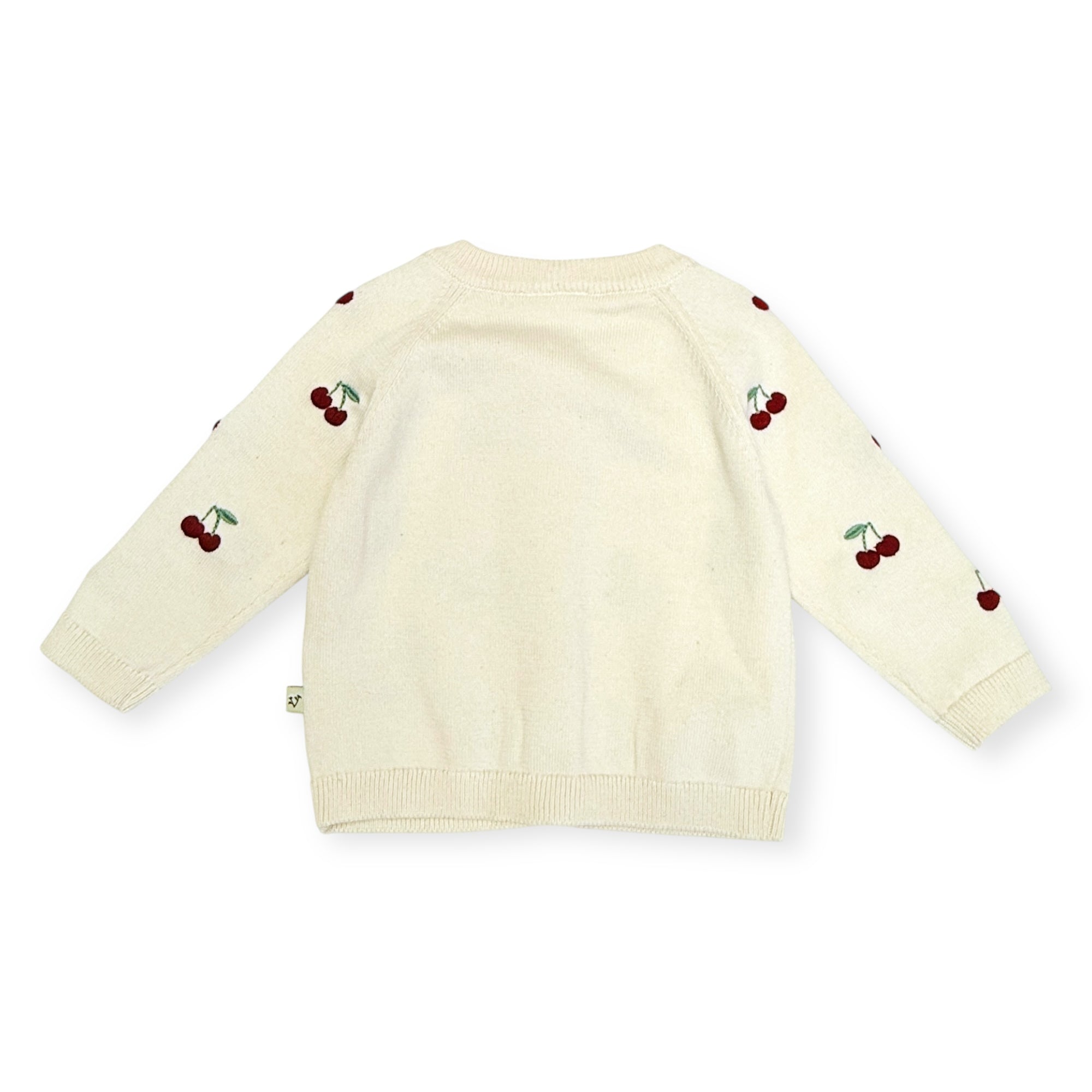 Cherry Embroidered Sweater Knit Baby Cardigan Back (Organic Cotton)
