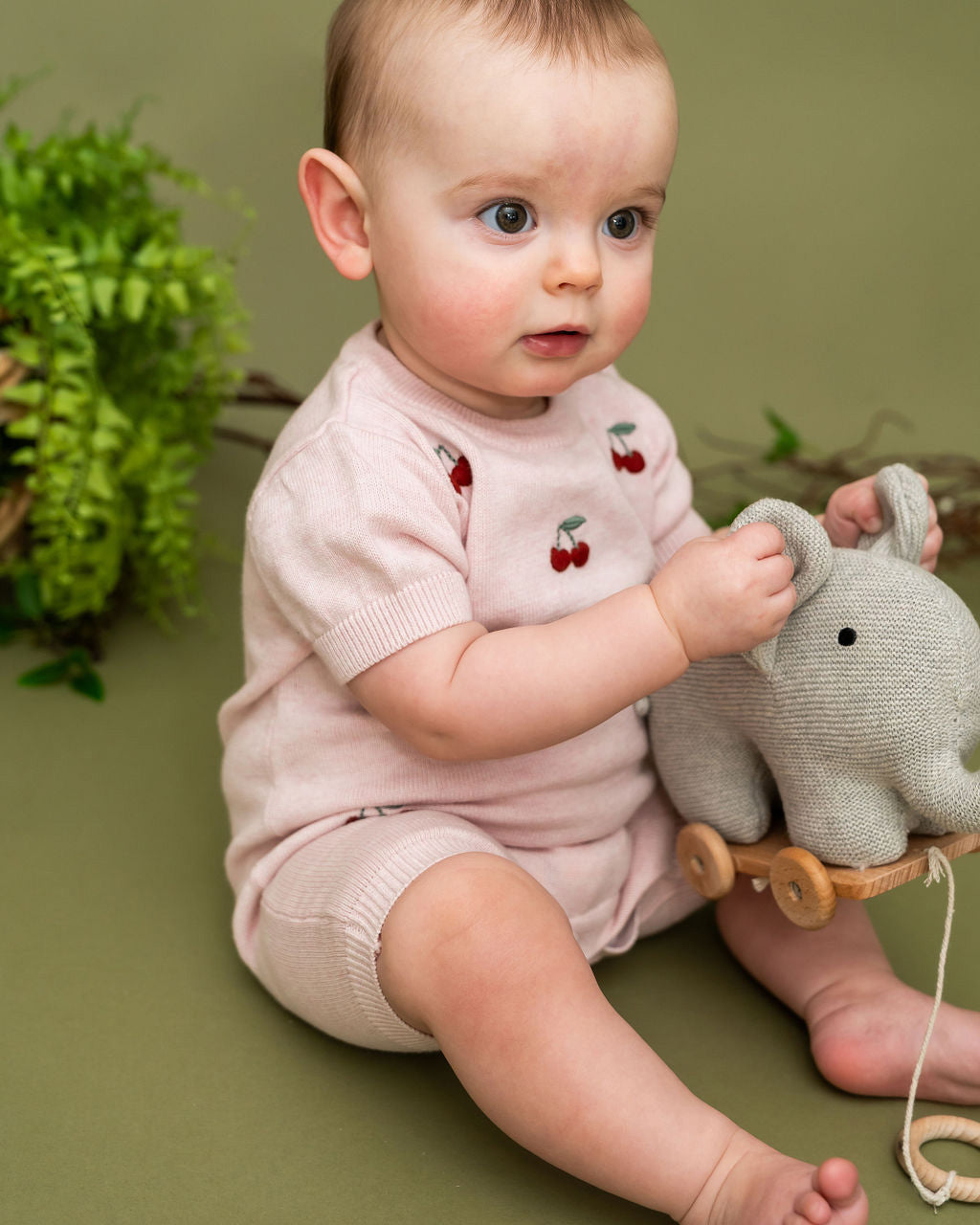 Organic Knit Stuffed Elephant Baby Pull Cart Toy - Playtime 
