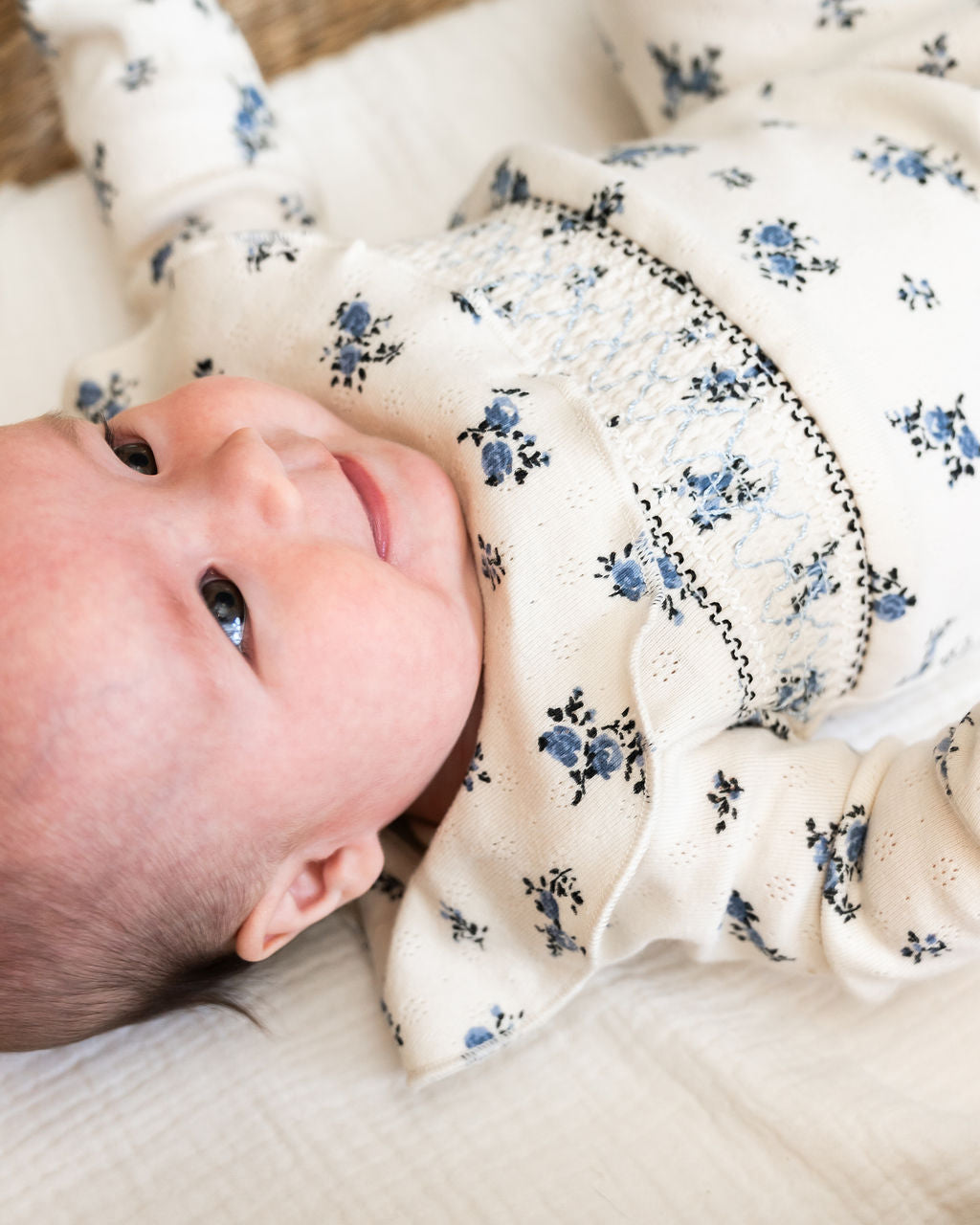 Delicate Floral Smocked Pointelle Knit Baby Footie (Organic Cotton)