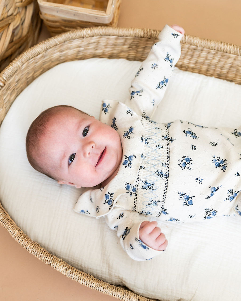 Delicate Floral Smocked Pointelle Knit Baby Footie (Organic Cotton)