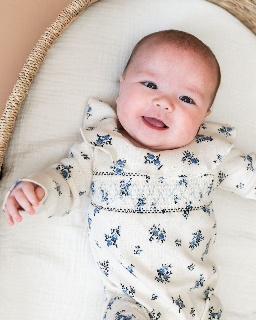 Delicate Floral Smocked Pointelle Knit Baby Footie (Organic Cotton)