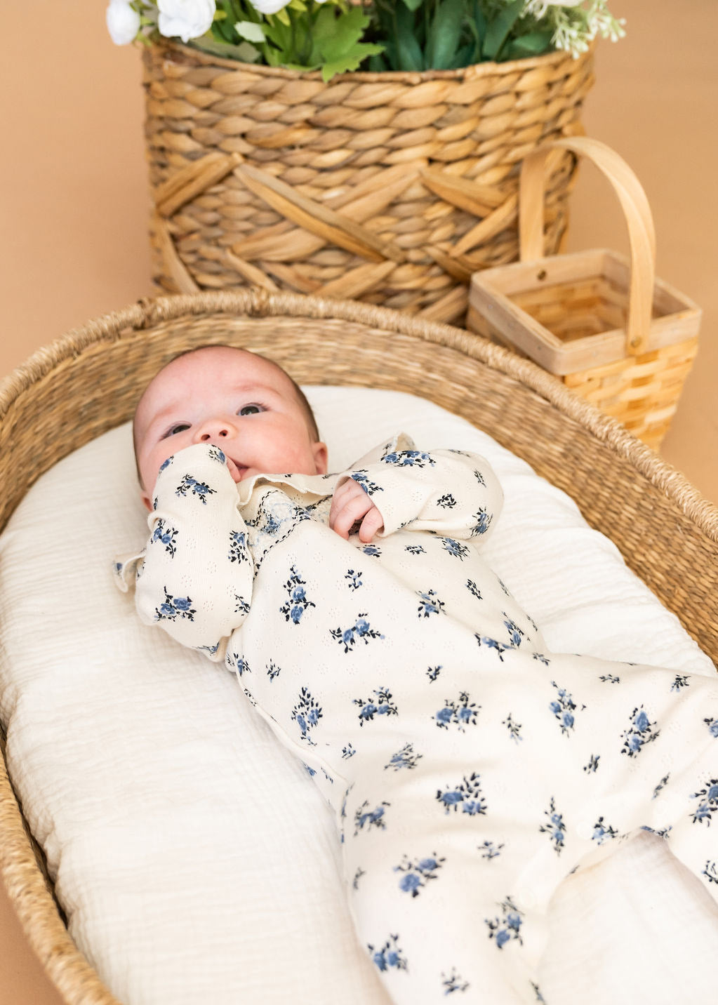 Delicate Floral Smocked Pointelle Knit Baby Footie (Organic Cotton)