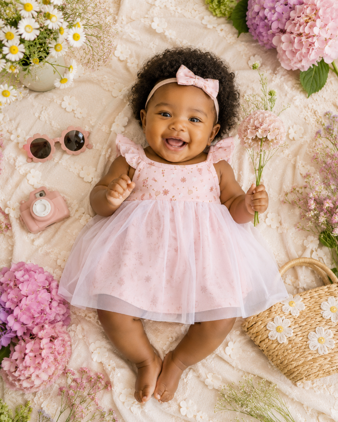 Baby Wearing Pink Floral Tutu Romper Baby Dress, Organic Jersey by Viverano