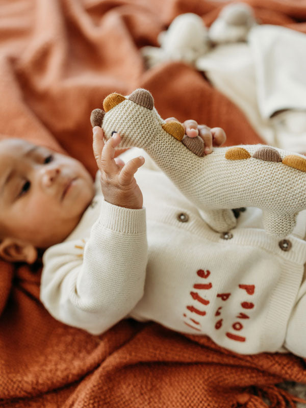 Little & Loved Dino Applique Baby Cardigan (Organic Cotton) with dinosaur toy