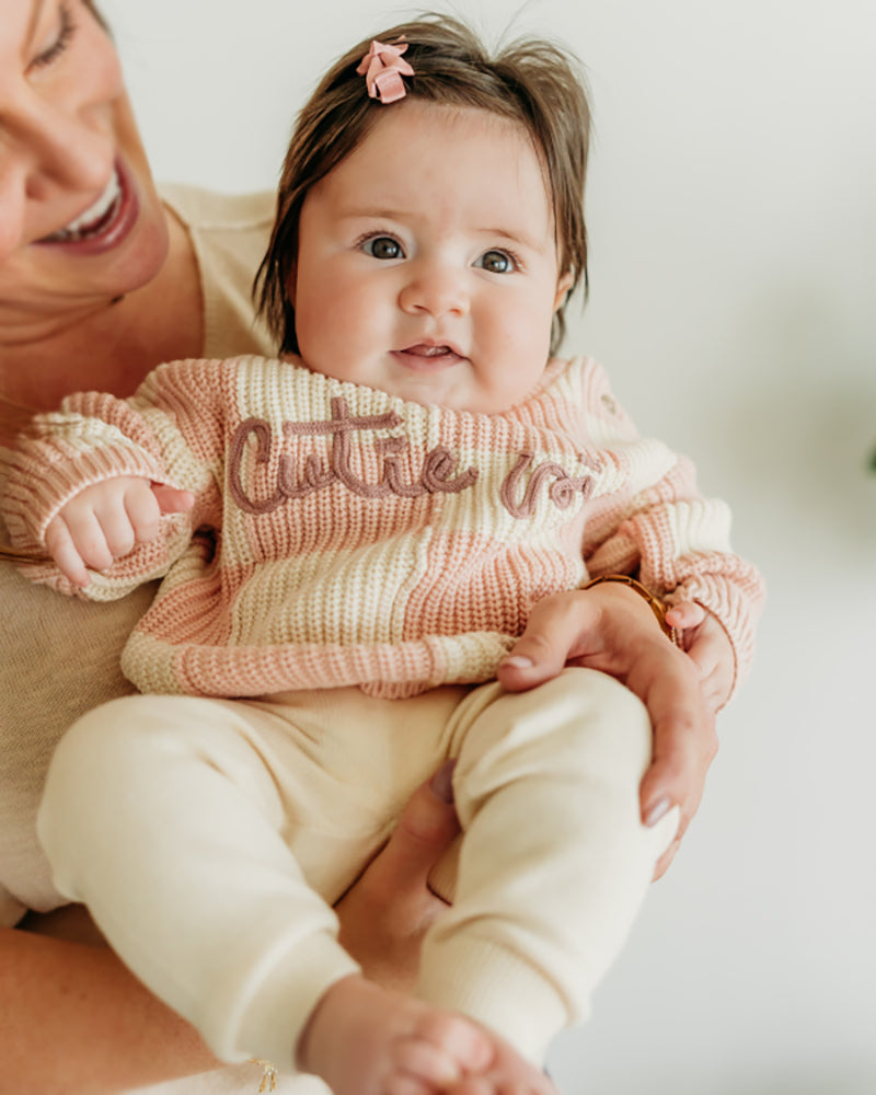 Cutie Pie Embroidered Checkered Slouchy Knit Baby Pullover (Organic Cotton)