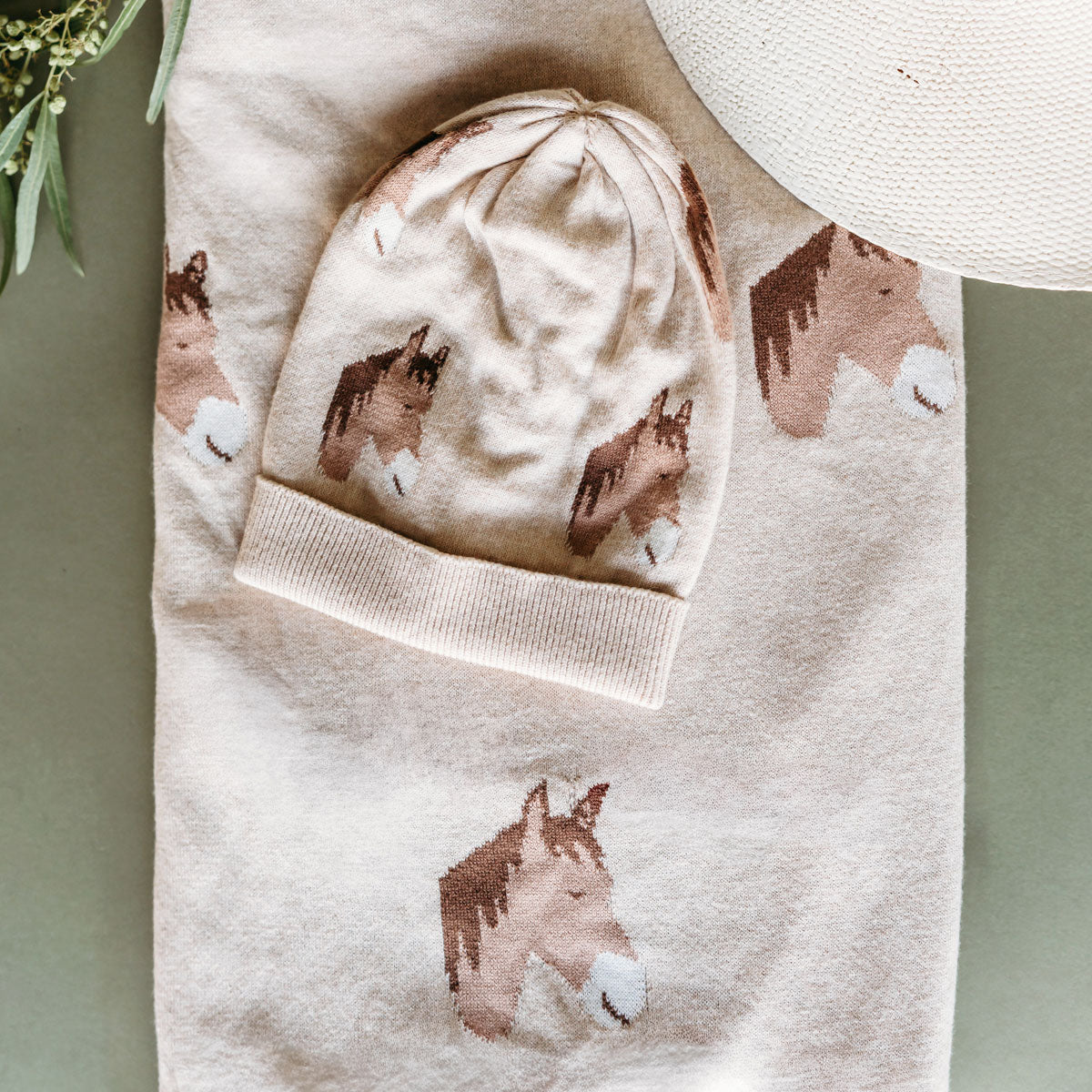 Baby Beanie Hat on Horse Dreams - Jacquard Sweater Knit Baby Blanket (Organic Cotton)
