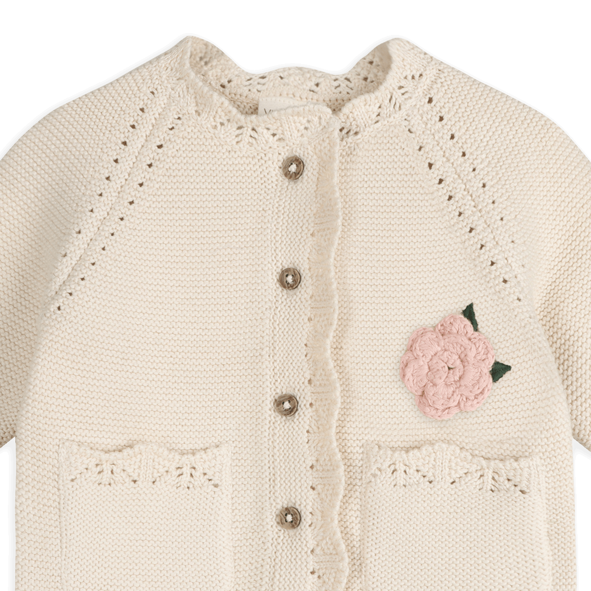 Organic Cotton Anna Crochet Flower Knit Baby Cardigan, Detail