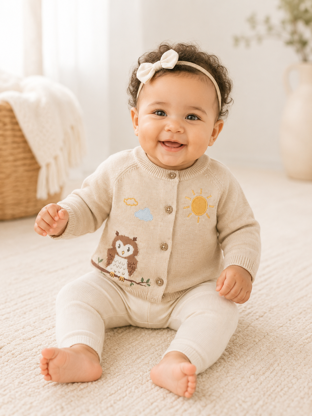 Baby Girl Wearing Owl Embroidered Knit Baby Cardigan, Organic Cotton by Viverano