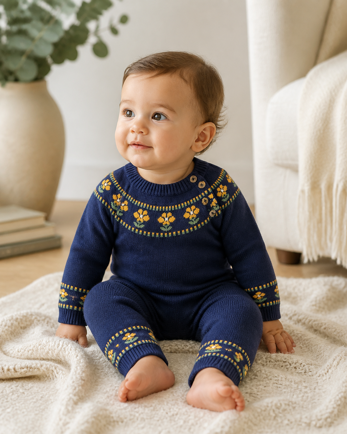 Baby Girl Wearing Floral Fair Isle Knit Baby Jumpsuit, Organic Cotton by Viverano