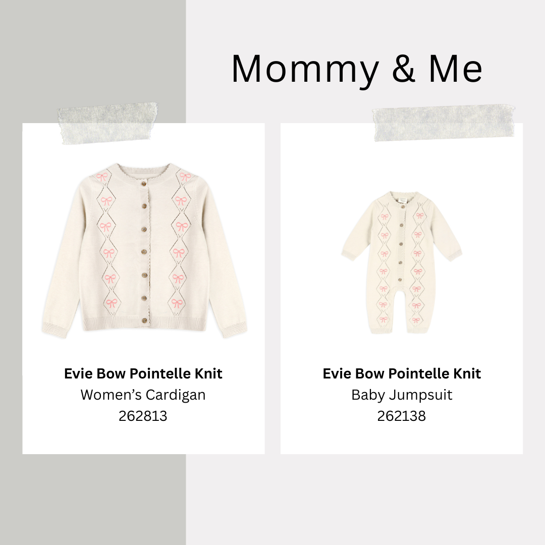 Matching Bow Pointelle Knit Women's Cardigan and Baby Jumpsuit by Viverano