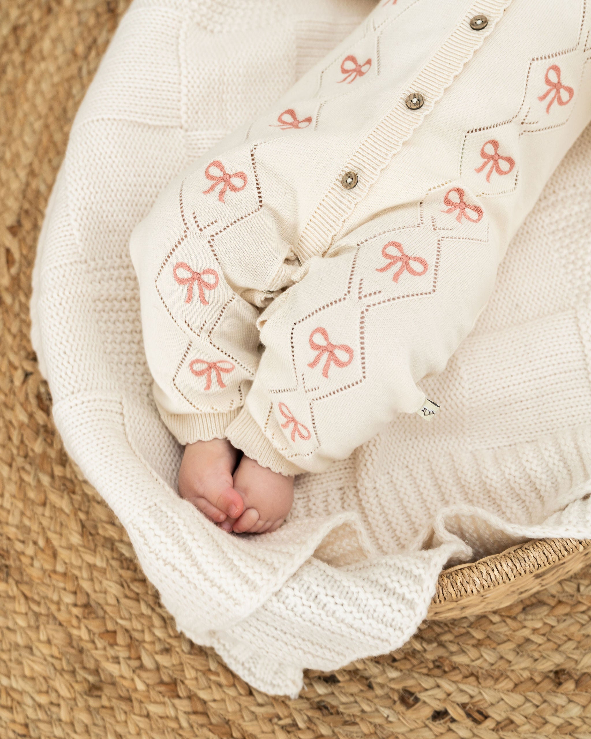 Viverano Evie Bow Organic Pointelle Knit Baby Girl Jumpsuit 