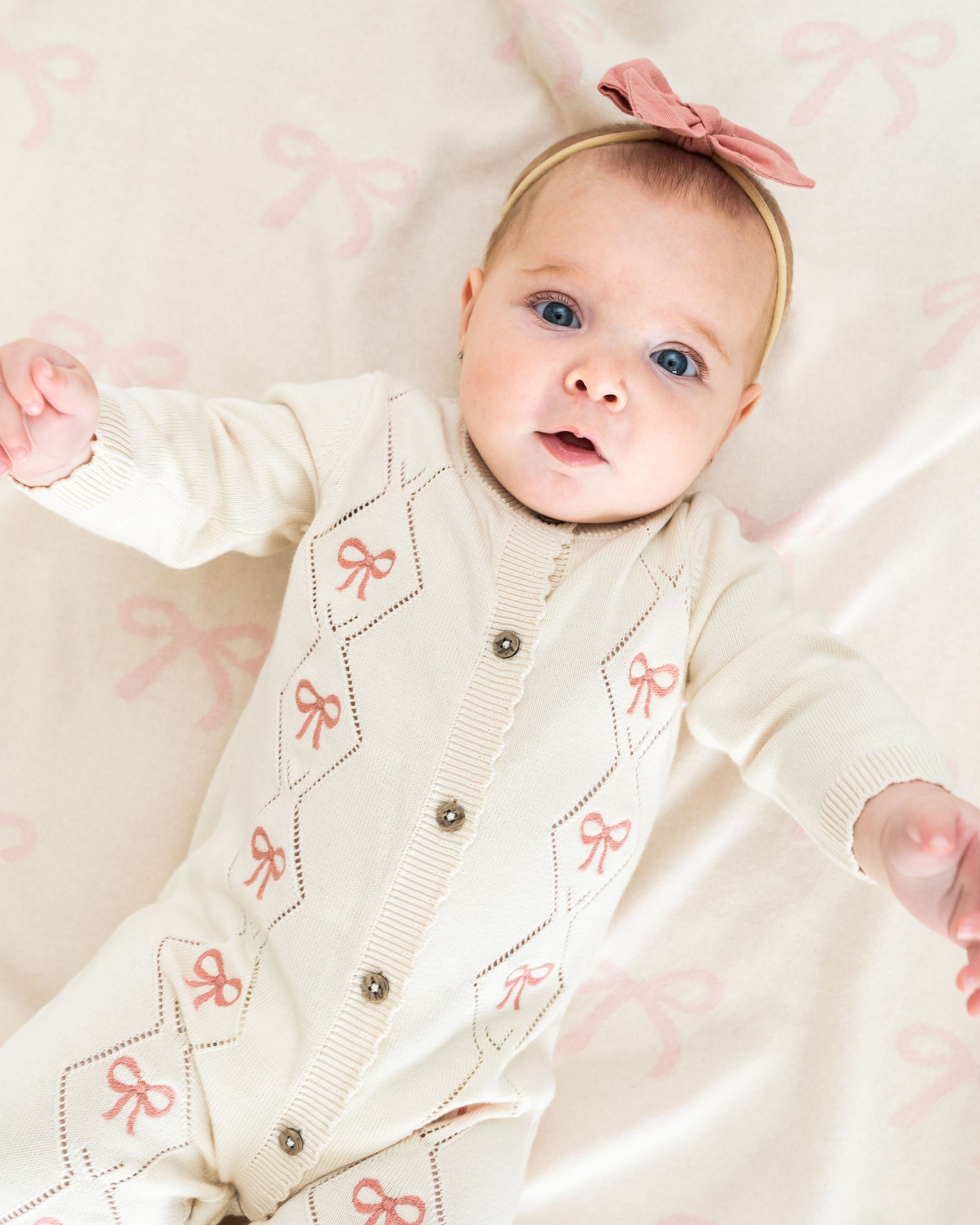 Viverano Evie Bow Organic Pointelle Knit Baby Girl Jumpsuit 