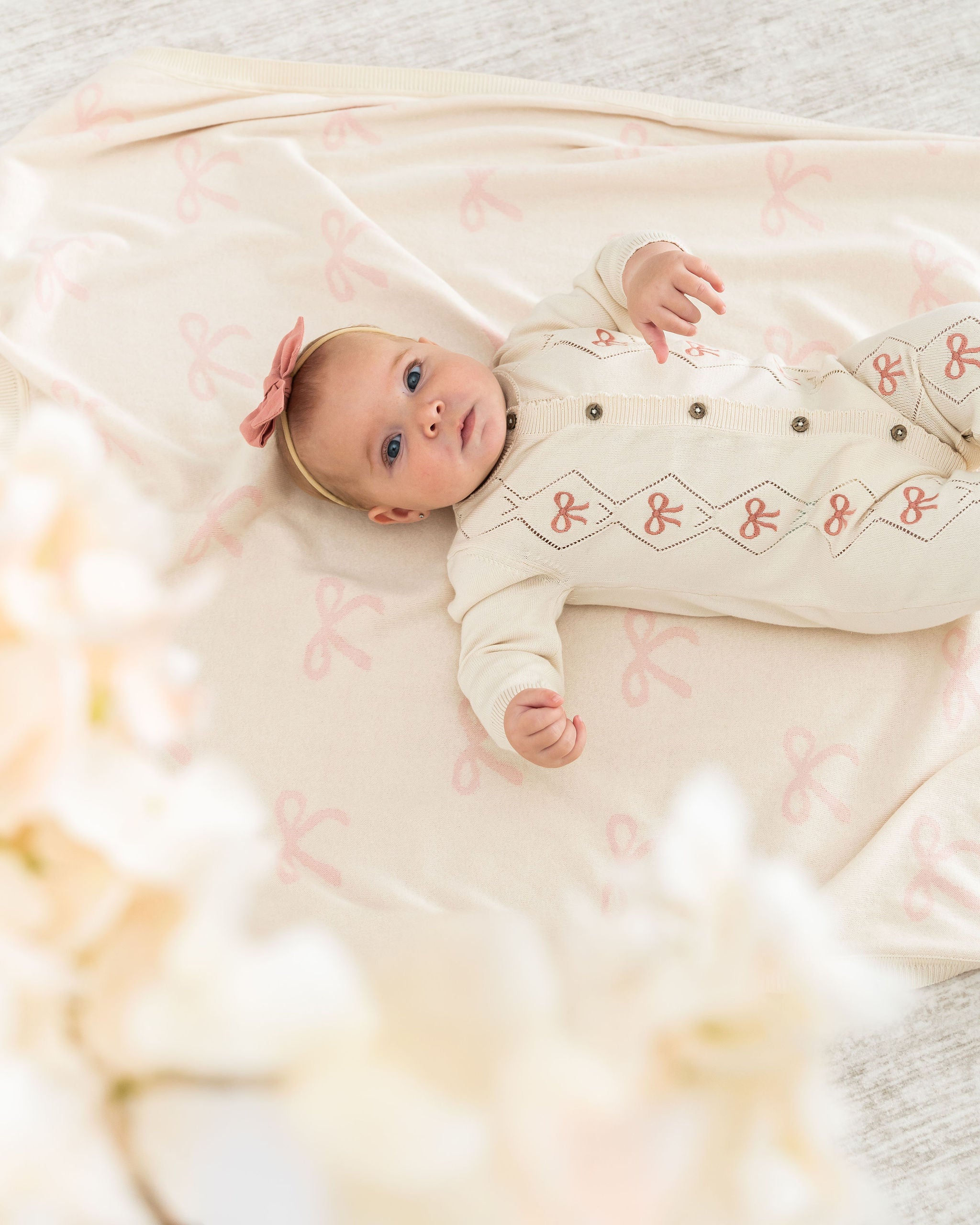 Viverano Evie Bow Organic Pointelle Knit Baby Girl Jumpsuit 