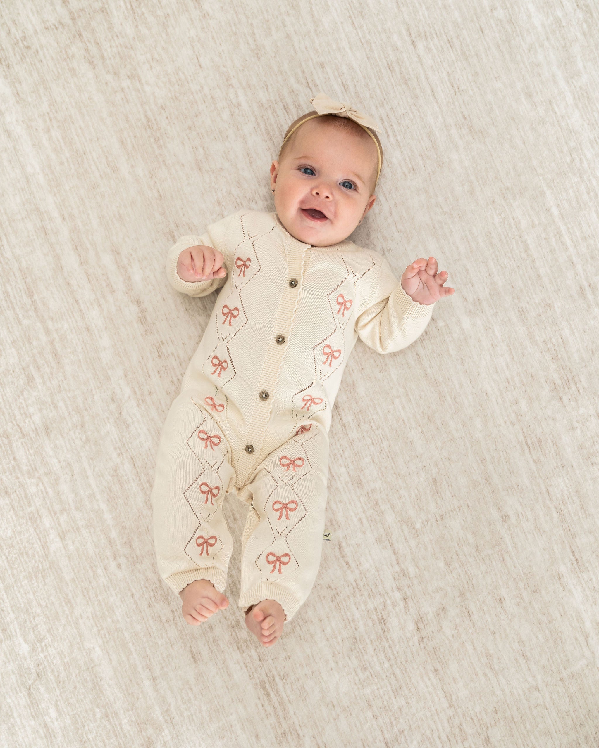 Viverano Evie Bow Organic Pointelle Knit Baby Girl Jumpsuit 