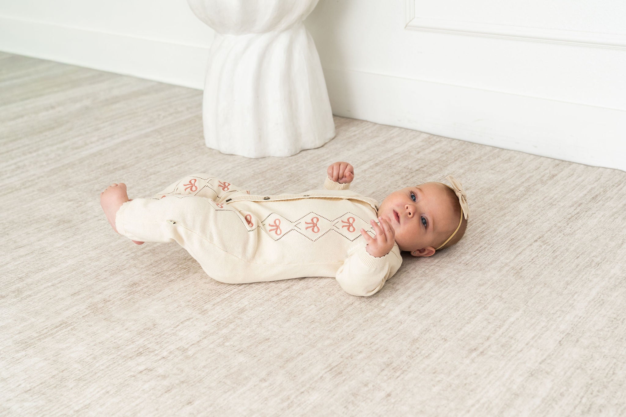 Viverano Evie Bow Organic Pointelle Knit Baby Girl Jumpsuit 