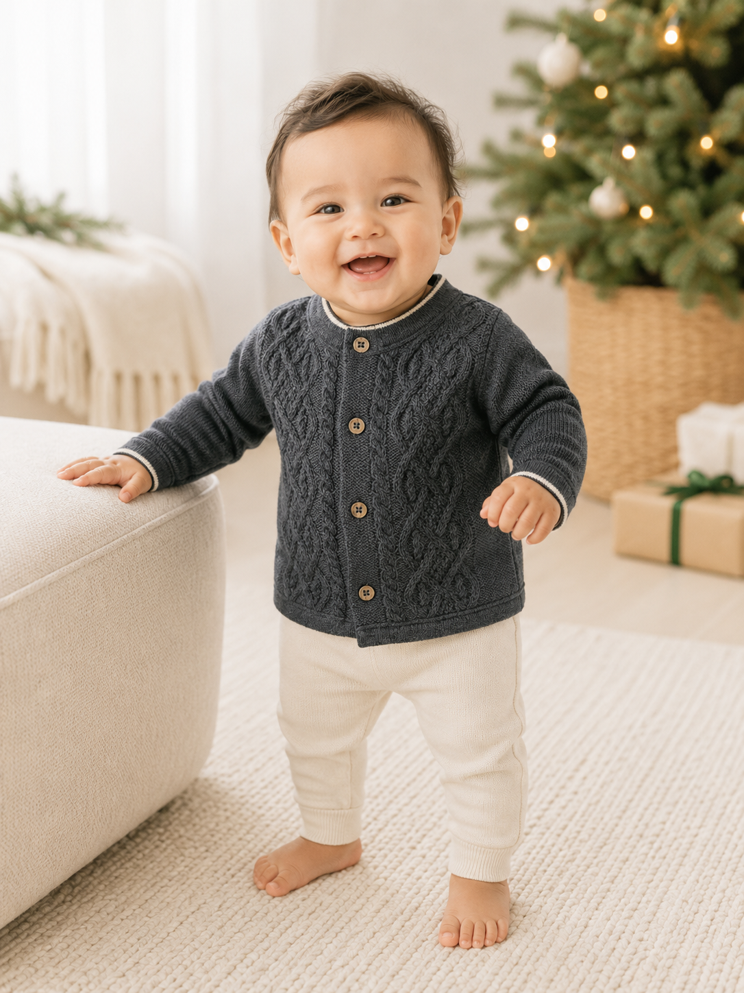 Baby Boy Wearing Charles Classic Cable Knit Baby Cardigan, Organic Cotton by Viverano