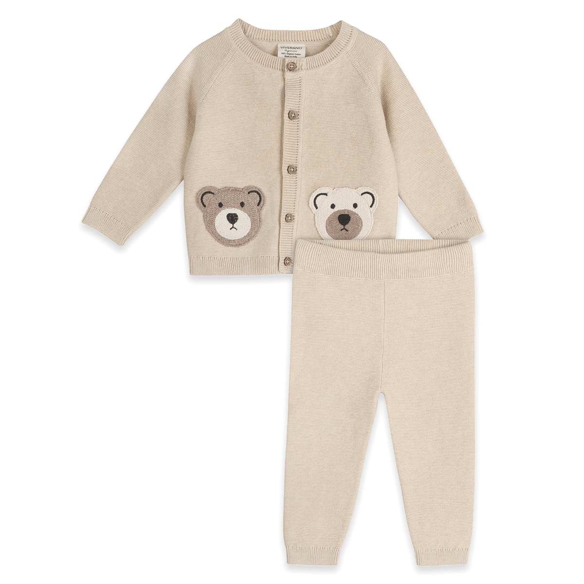 Cozy Bear Applique Knit Baby Cardigan and Pant Set, Organic Cotton