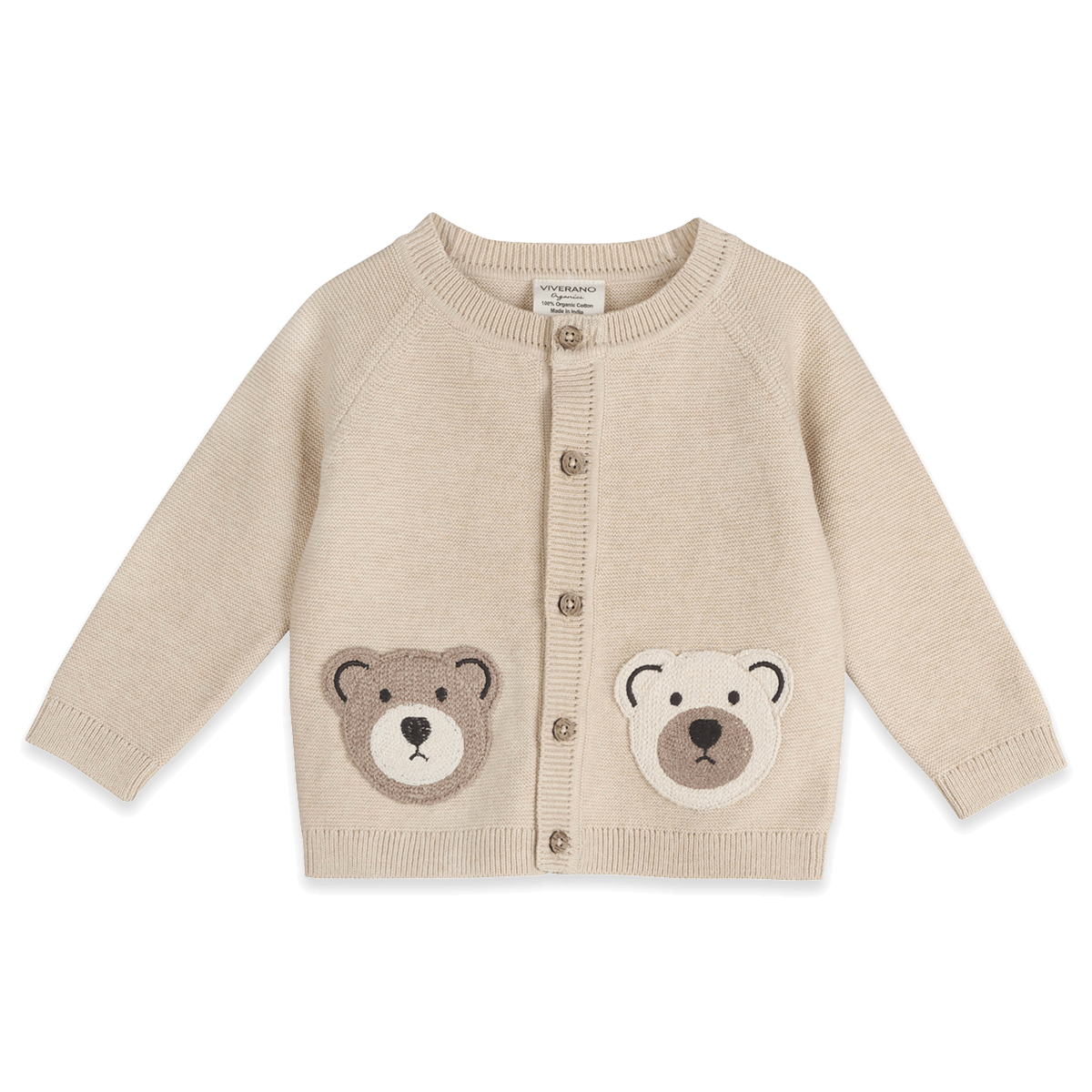 Organic Cotton Cozy Bear Applique Knit Baby Cardigan and Pant Set, Front