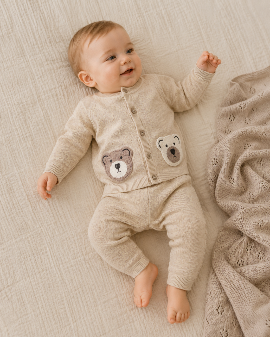 Baby Wearing Cozy Bear Applique Knit Baby Cardigan and Pant Set, Organic Cotton by Viverano