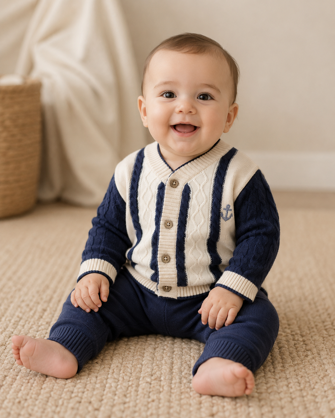 Baby Wearing Anchor Stripe Knit Baby Cardigan, Organic Cotton by Viverano