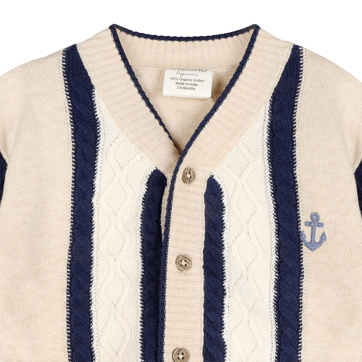 Organic Cotton Anchor Stripe Knit Baby Cardigan, Detail