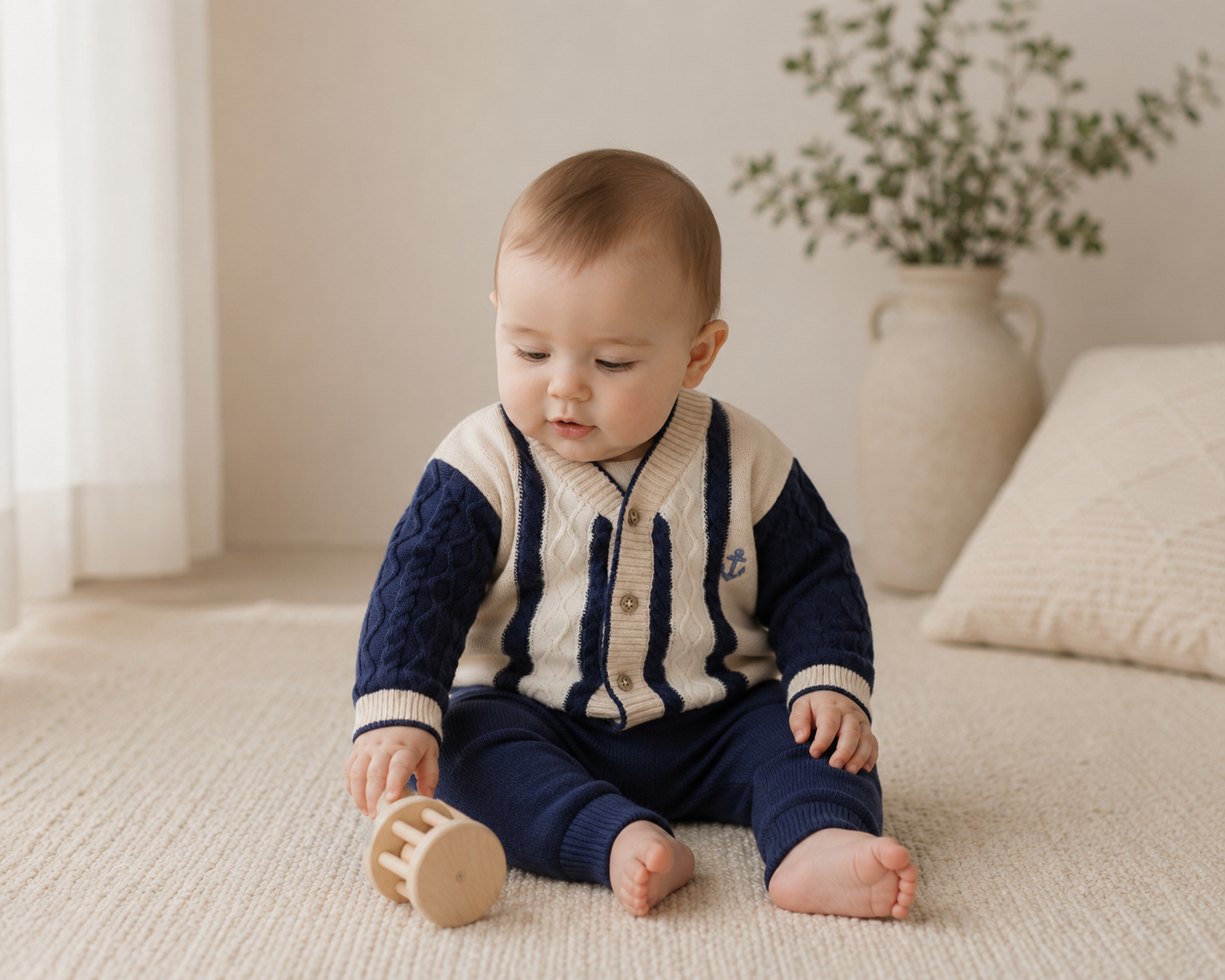 Baby in Anchor Stripe Knit Baby Cardigan, Organic Cotton by Viverano