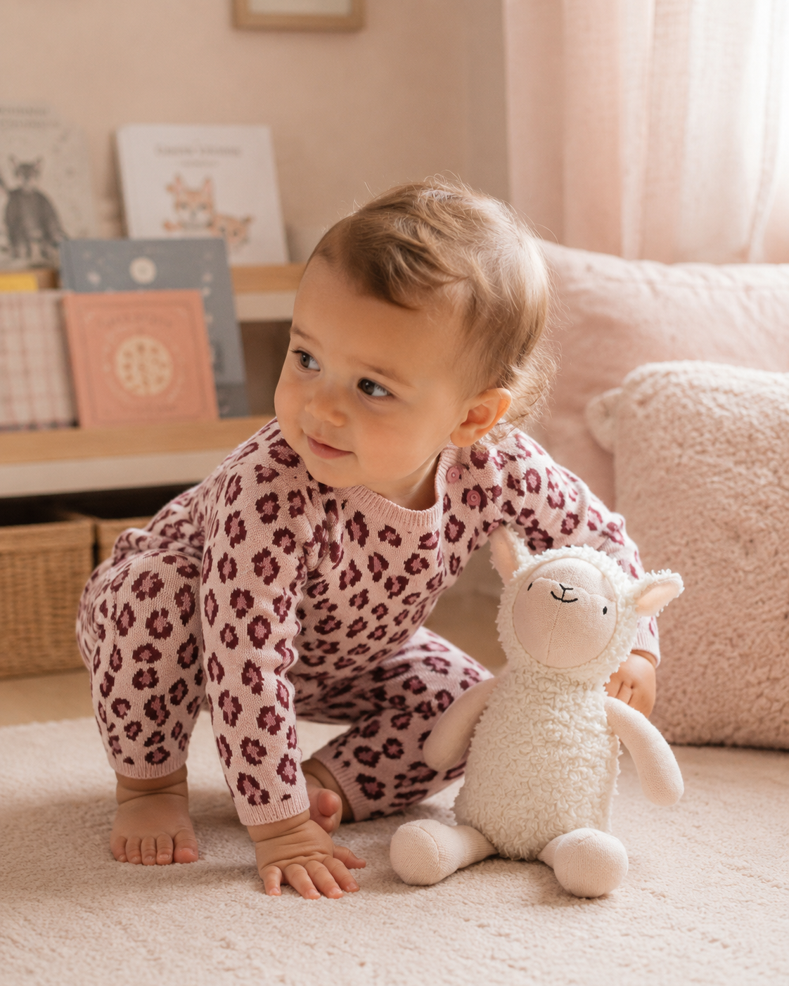Baby Wearing Leopard Jacquard Knit Baby Jumpsuit, Organic Cotton by Viverano