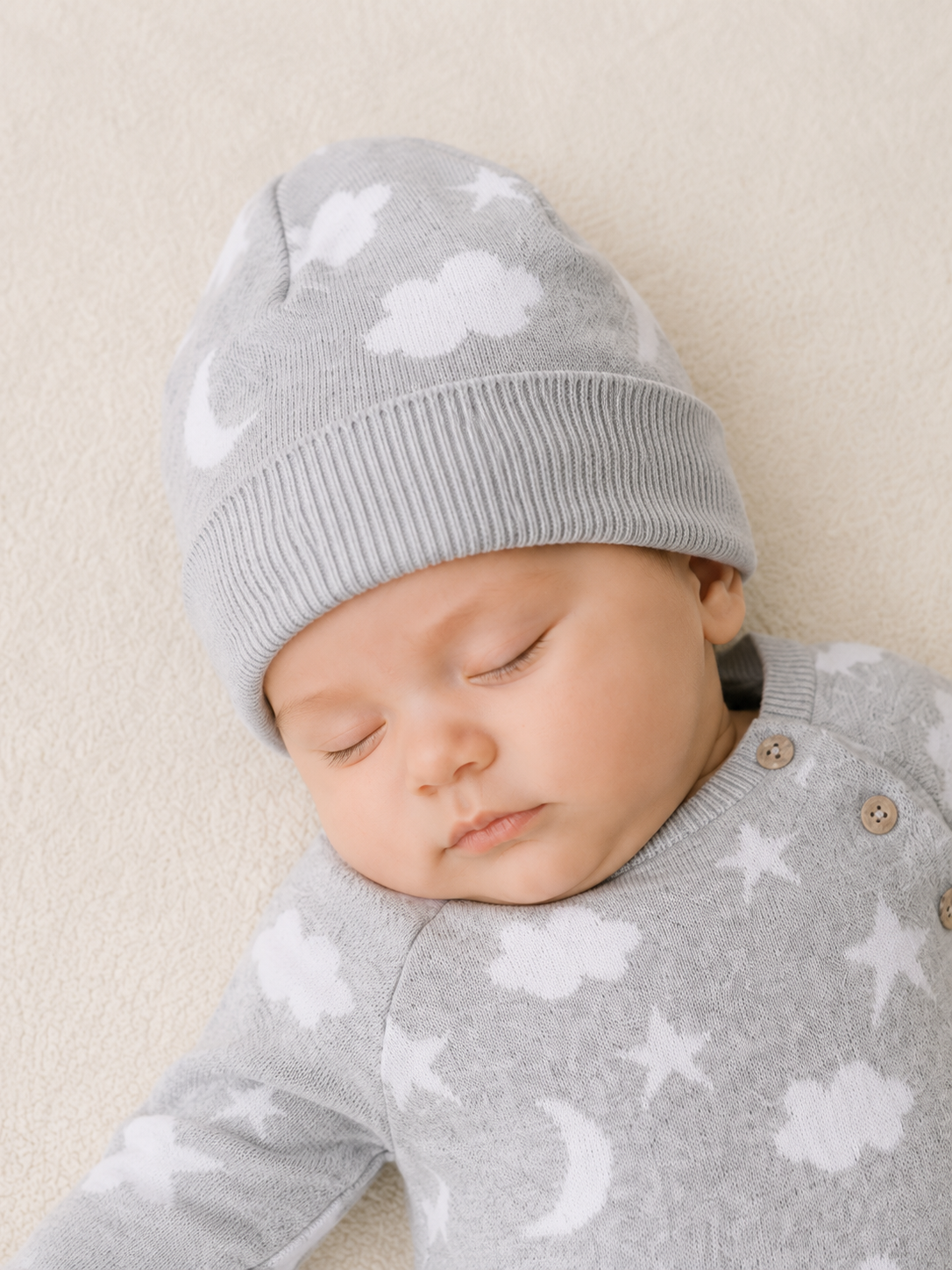 Baby Wearing Moon and Stars Dream Knit Round Baby Beanie Hat, Organic Cotton by Viverano