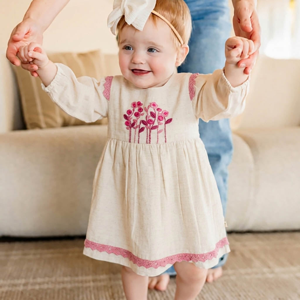 Colette Embroidered Baby Dress & Bloomer Set (Organic Cotton) - Lifestyle Model