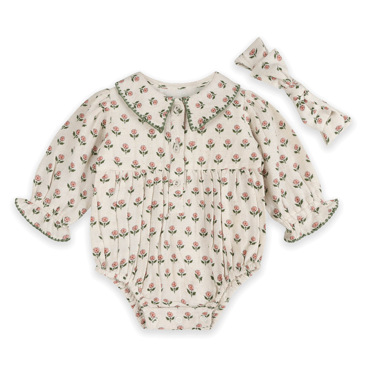 Rosamund Block Print Floral Baby Romper & Headband Set (Organic Cotton) - Outfit