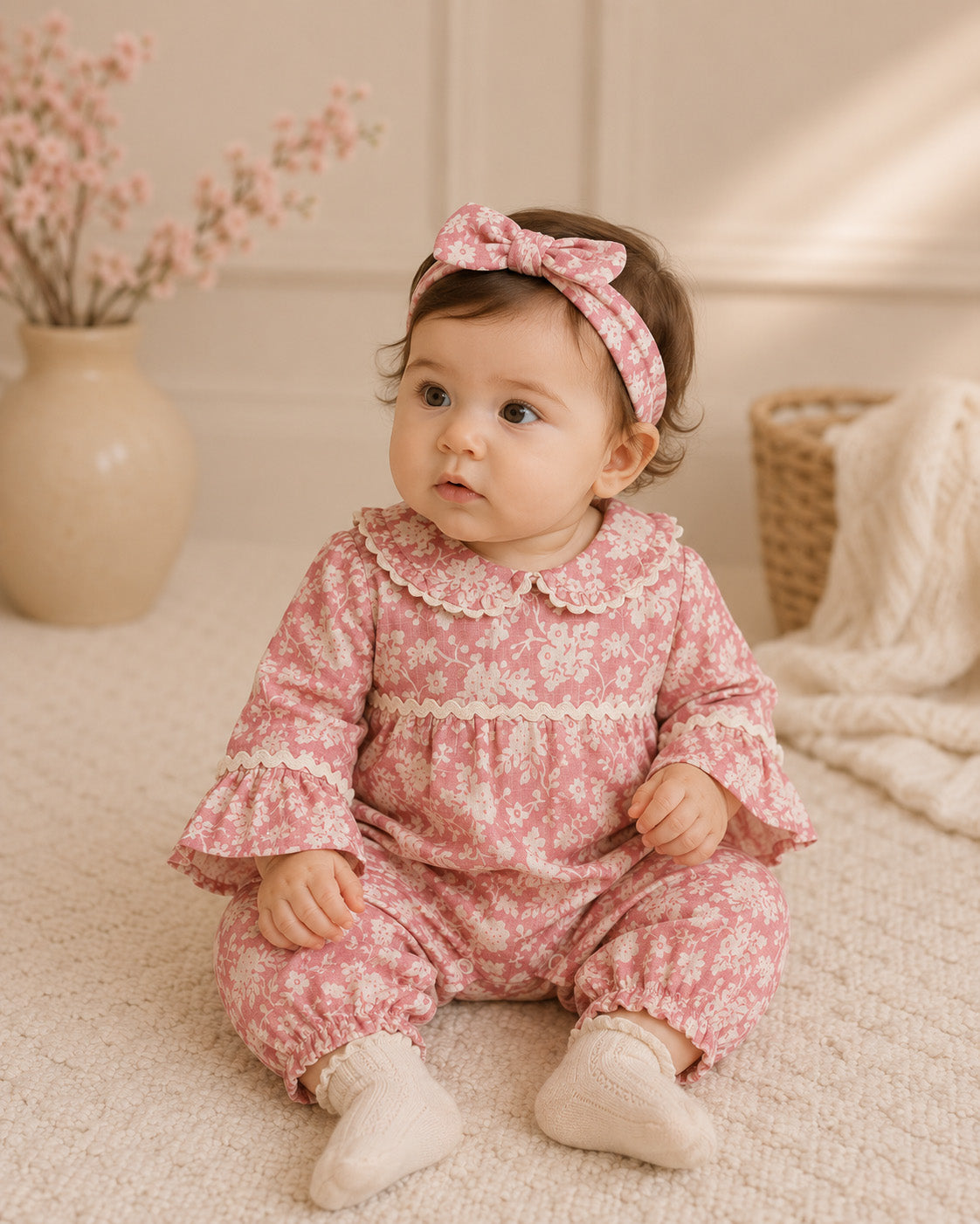 Baby Wearing Beatrice Floral Baby Jumpsuit and Headband, Organic Cotton by Viverano