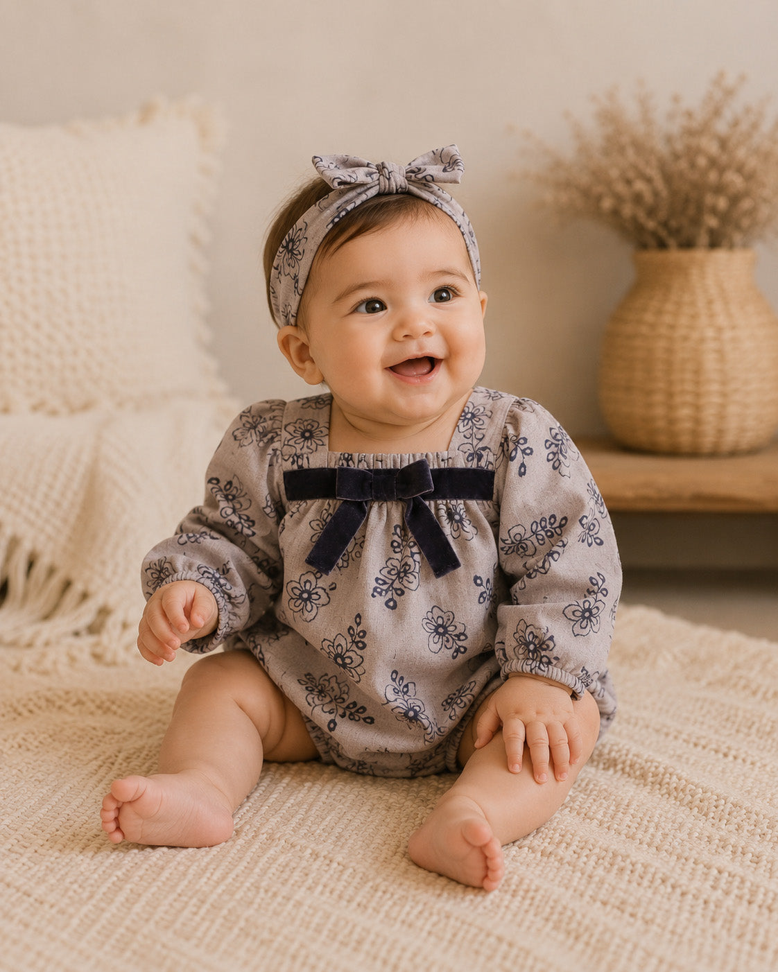 Baby Wearing Theresa Floral Baby Romper with Bows and Headband Set, Organic Cotton by Viverano