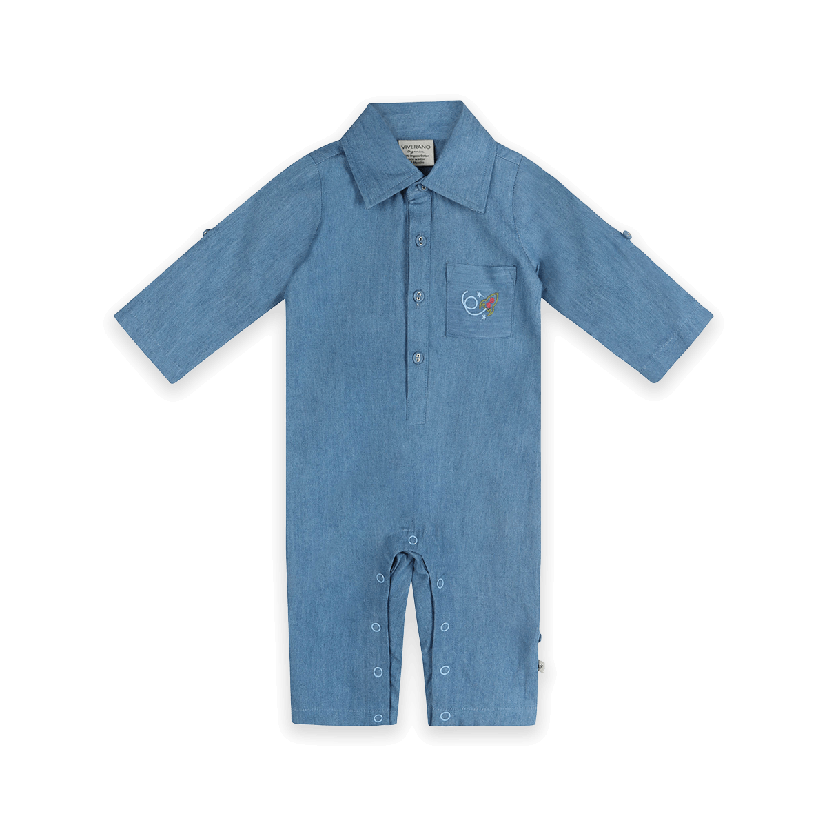 Eli Embroidered Pocket Denim Baby Jumpsuit (Organic Cotton) - Front