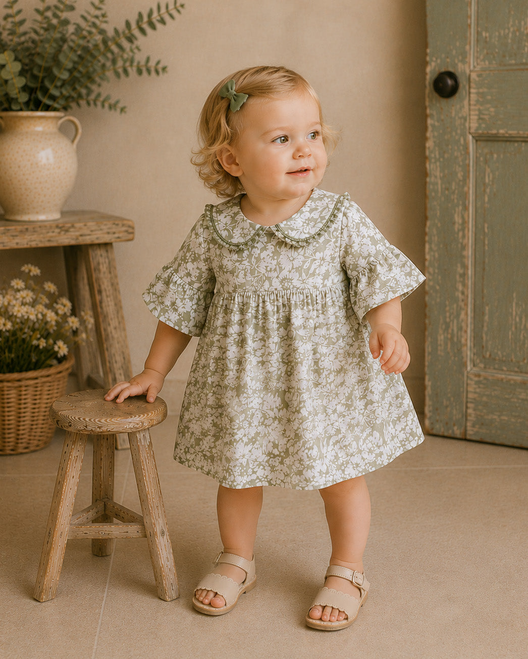 Baby Girl Wearing Lucille Floral Baby Dress and Bloomer Set, Organic Muslin by Viverano
