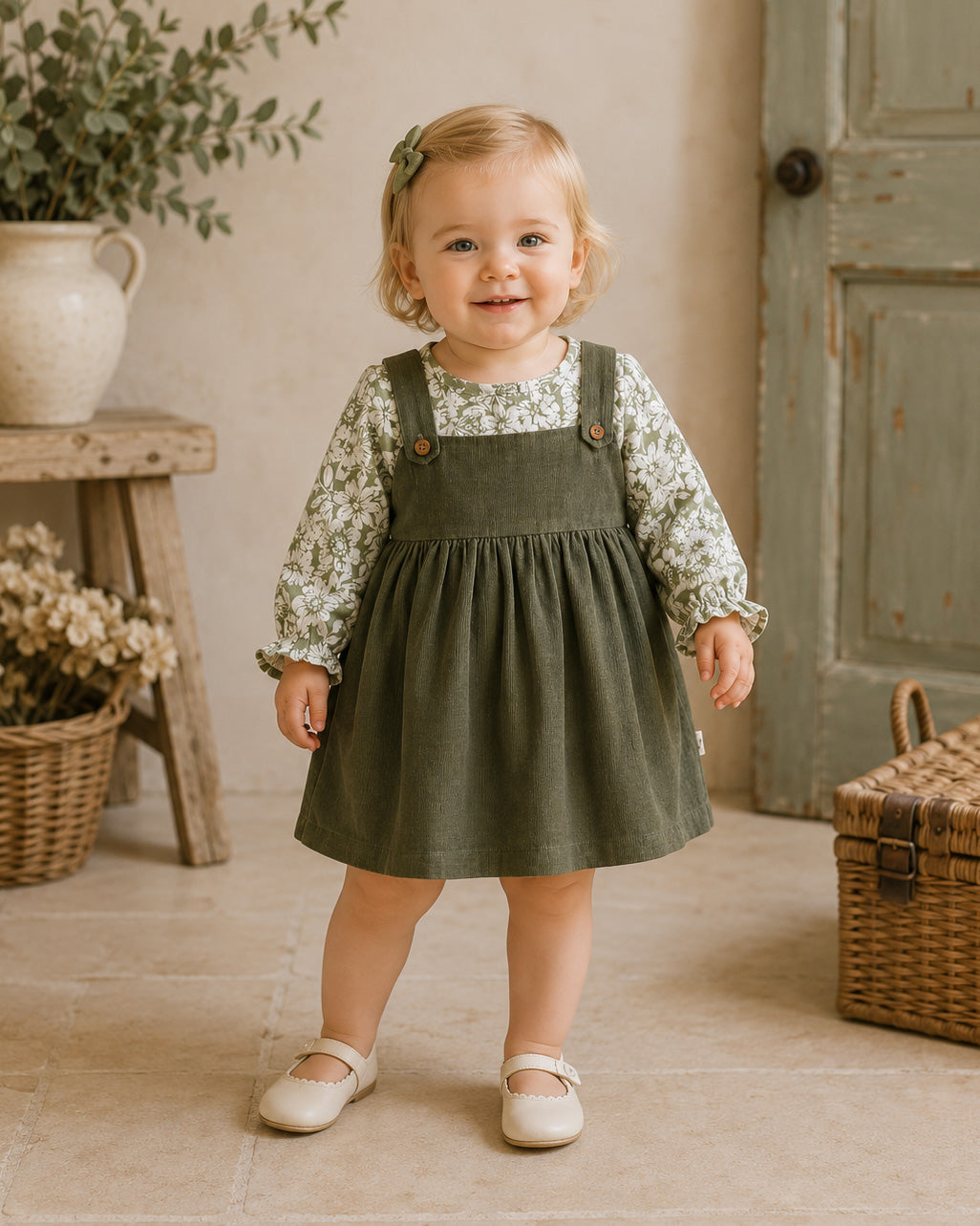 Baby Wearing Lucille Floral Corduroy Pinafore Baby Dress and Bloomer Set, Organic Cotton by Viverano