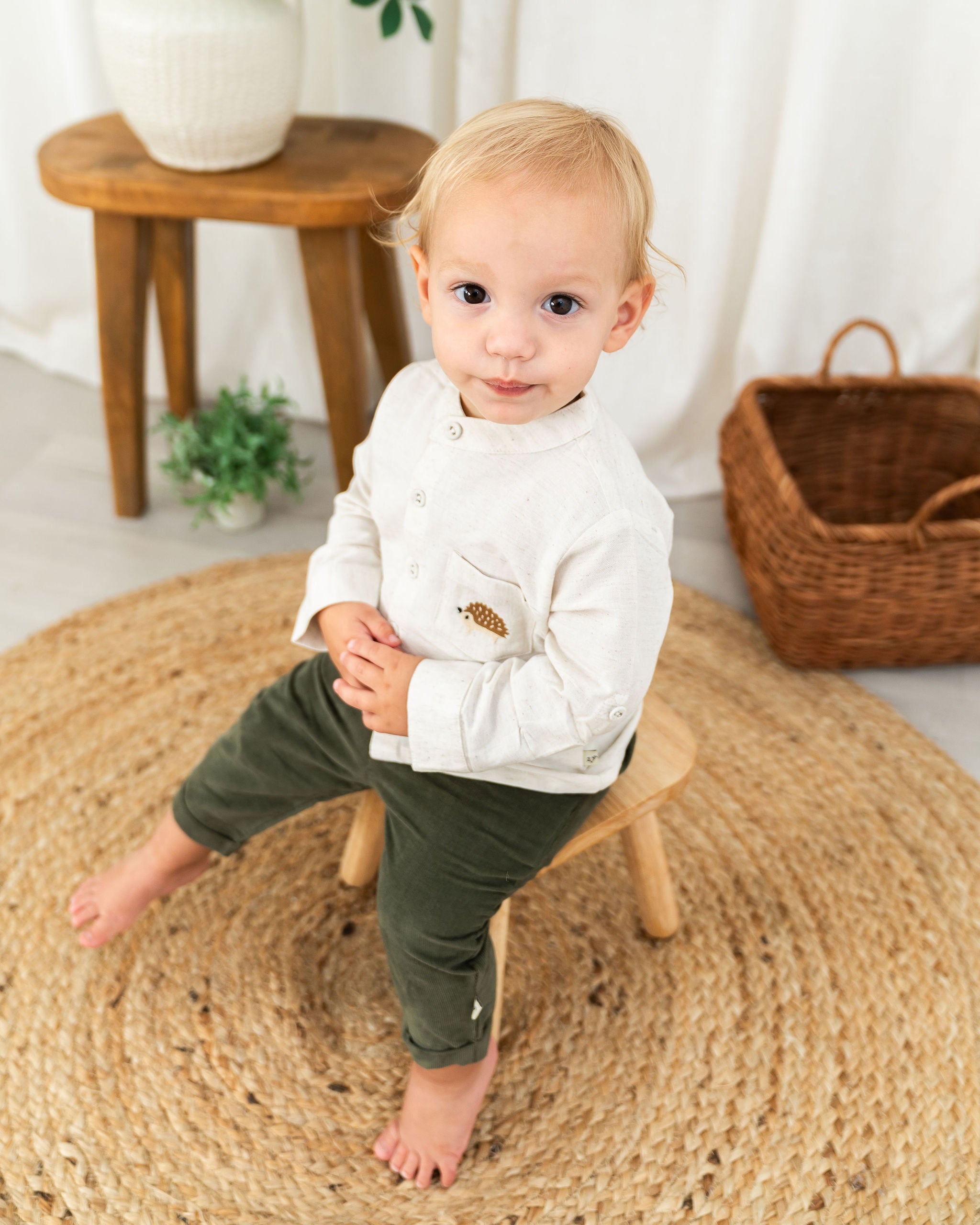 Viverano Felix Hedgehog Embroidered Pocket Baby Shirt & Corduroy Pant Set (Organic Cotton) - Outfit