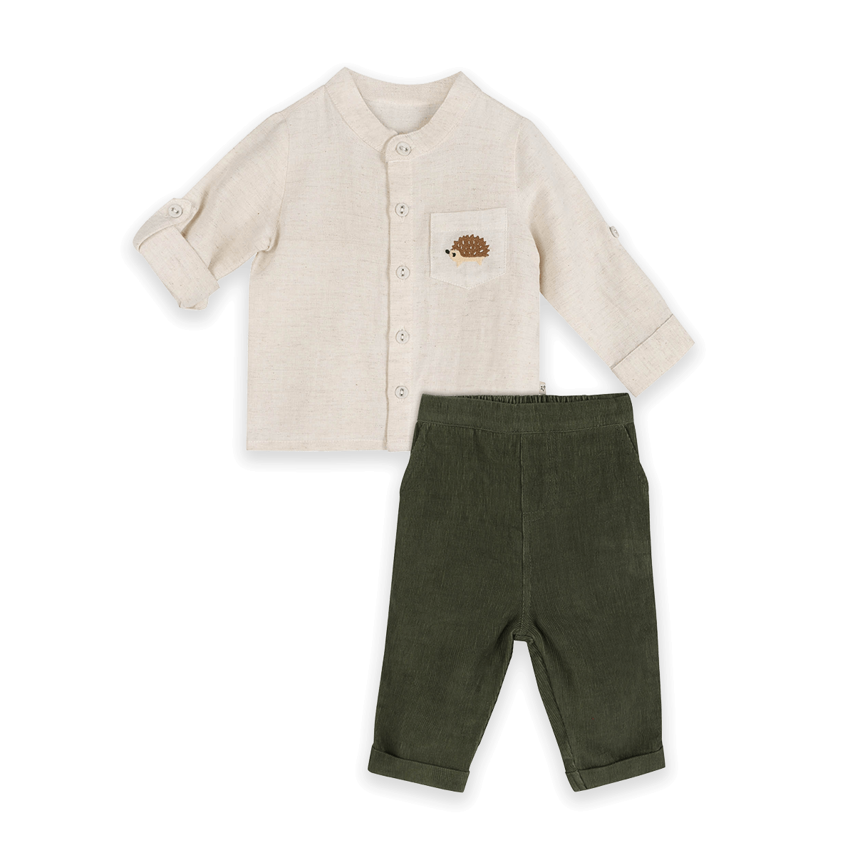 Felix Embroidered Pocket Baby Shirt & Corduroy Pant Set (Organic Cotton) - Cuffed Sleeve Outfit