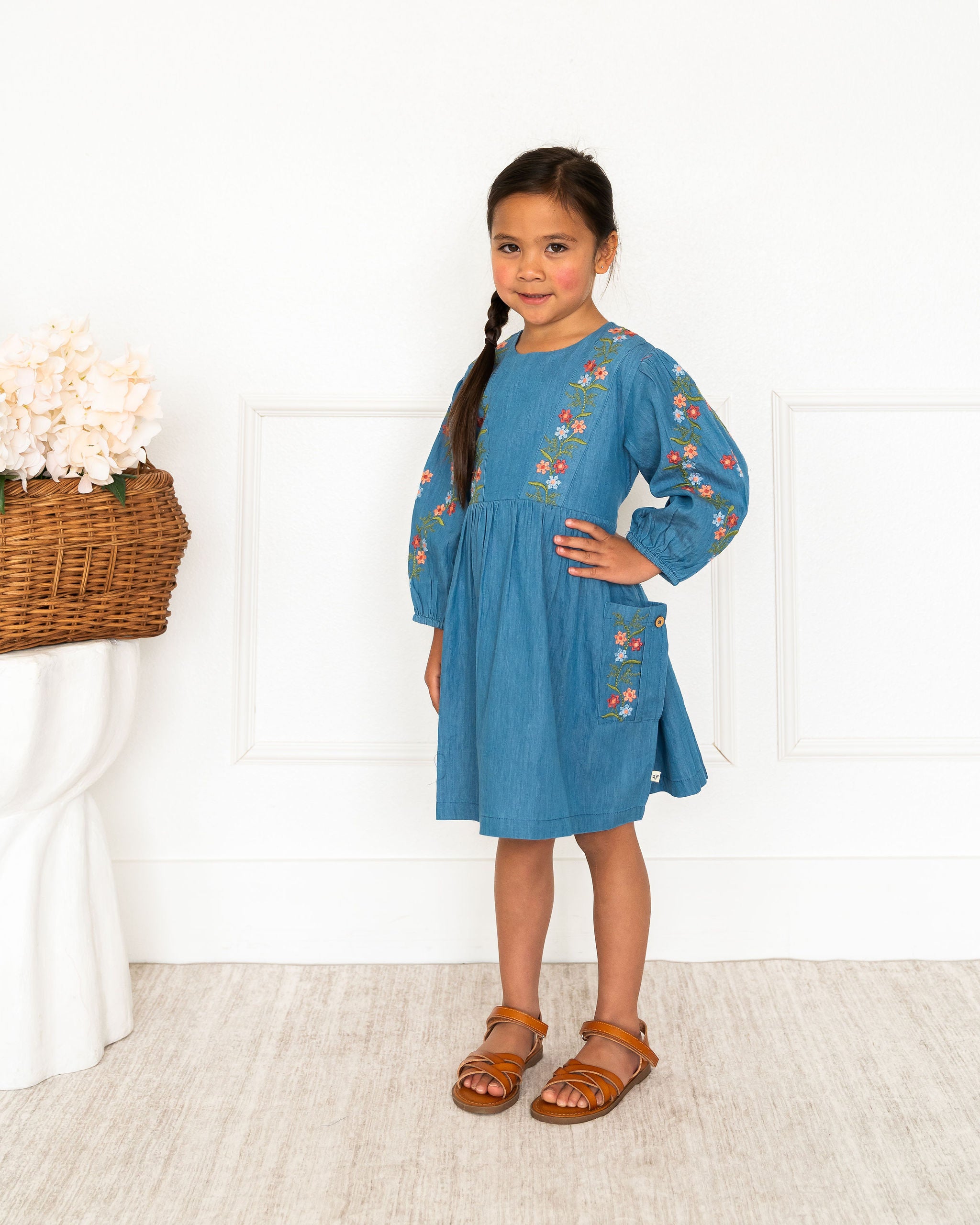 Viverano Sophie Floral Embroidered Denim Girl Dress (Organic Cotton) - Front View