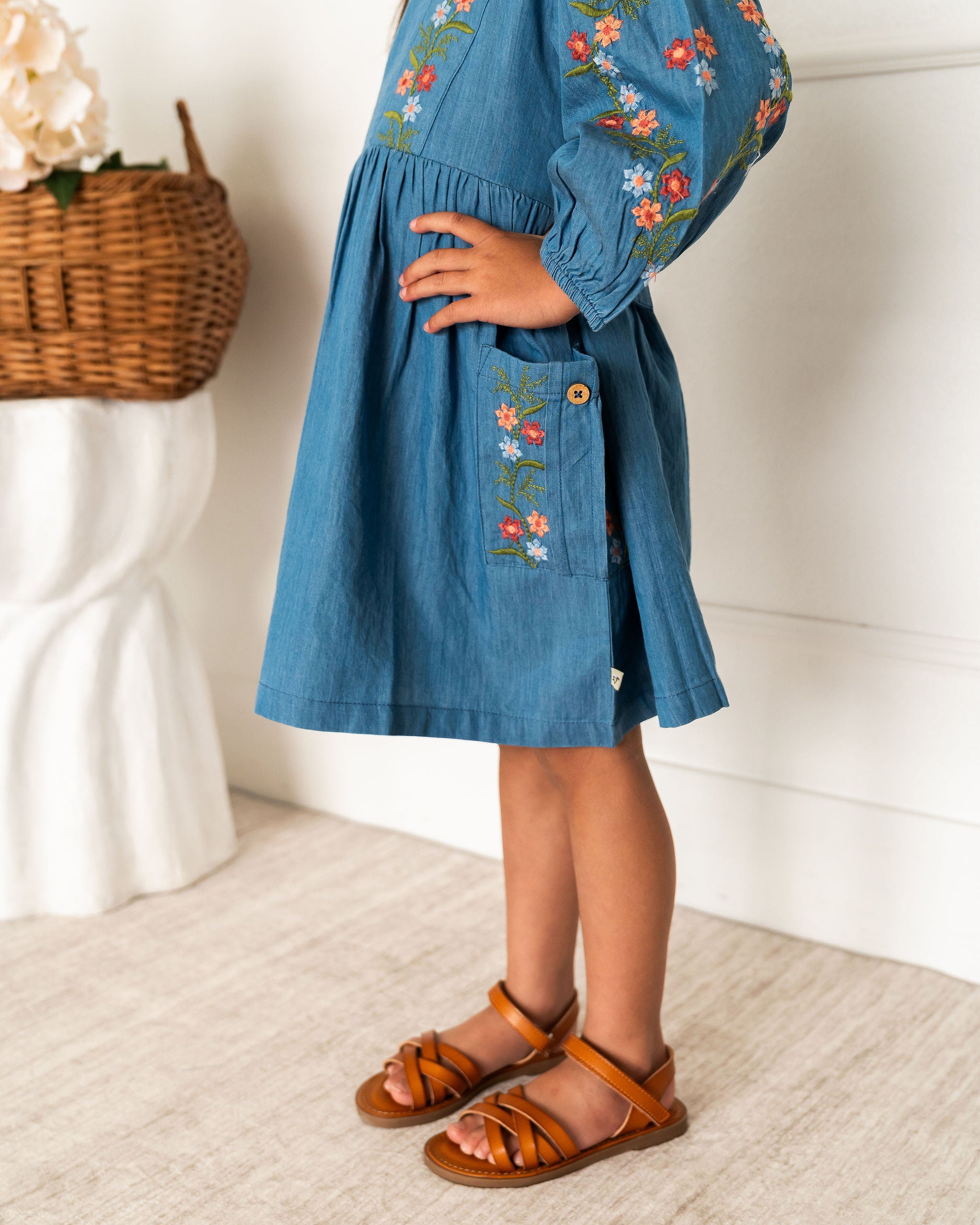 Viverano Sophie Floral Embroidered Denim Girl Dress (Organic Cotton) - Detail